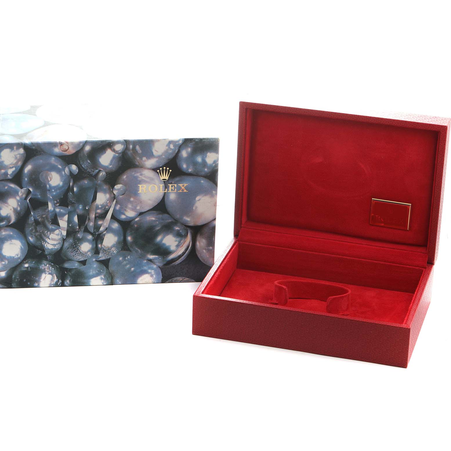 The image shows an empty red Rolex President 69158 Women's Yellow Gold Champagne Dial model watch box and an outer sleeve with the Rolex logo on a pearl design.