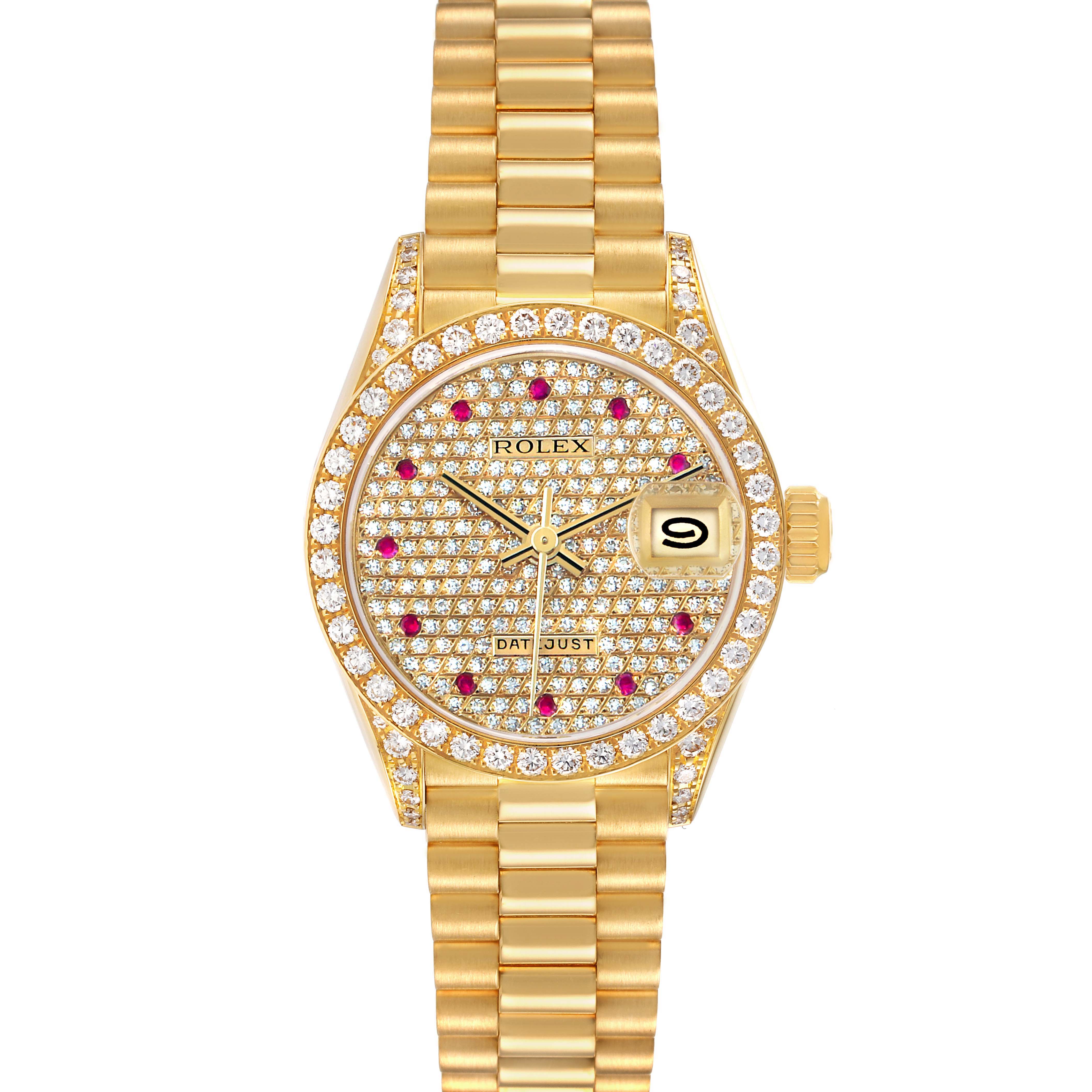 The Rolex President 69158 Women's Yellow Gold Champagne Dial model watch is shown from a top view, displaying its diamond-encrusted dial, bezel, and gold bracelet.