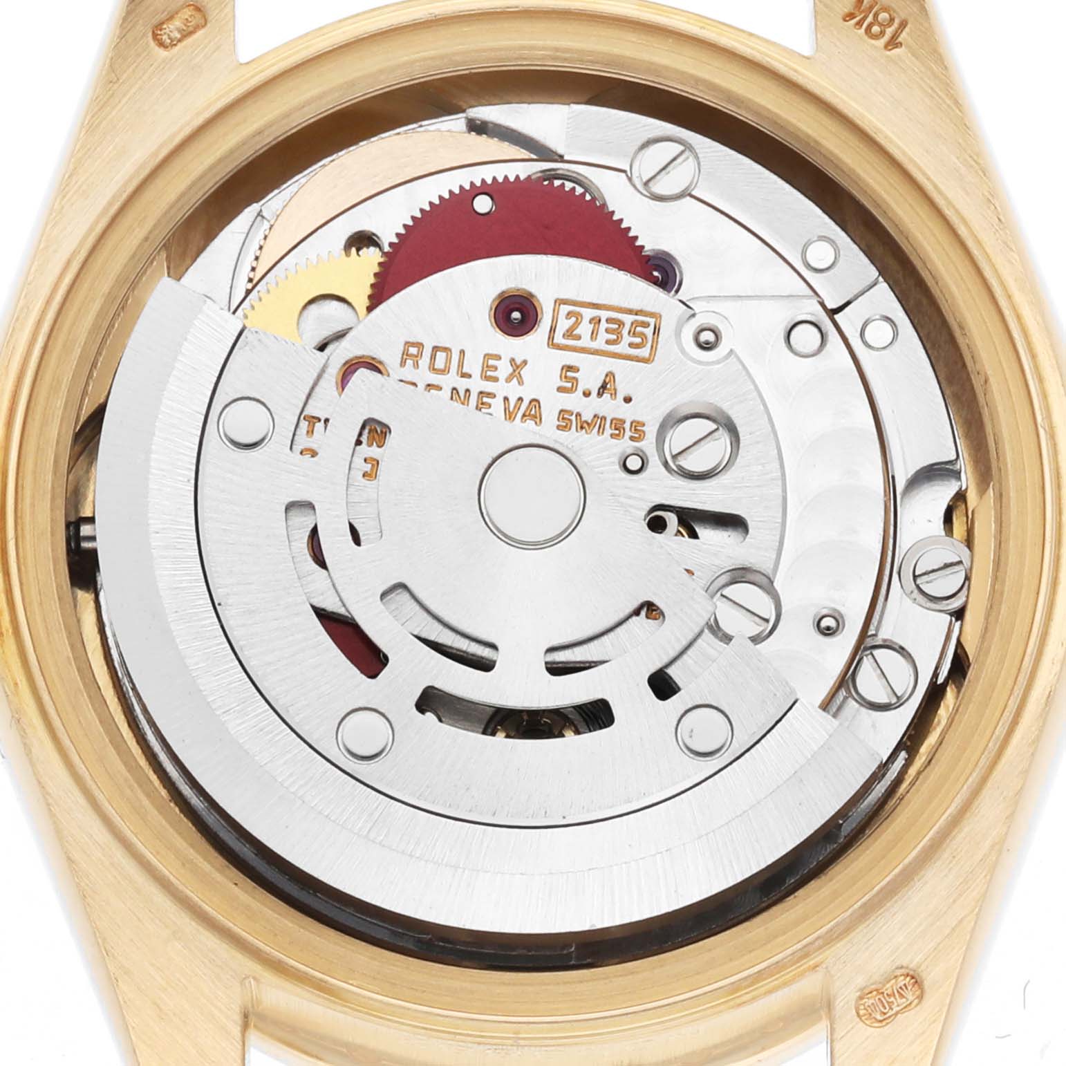 The image shows the movement of a Rolex President 69158 Women's Yellow Gold Champagne Dial watch from a top-down angle, detailing its internal mechanics.