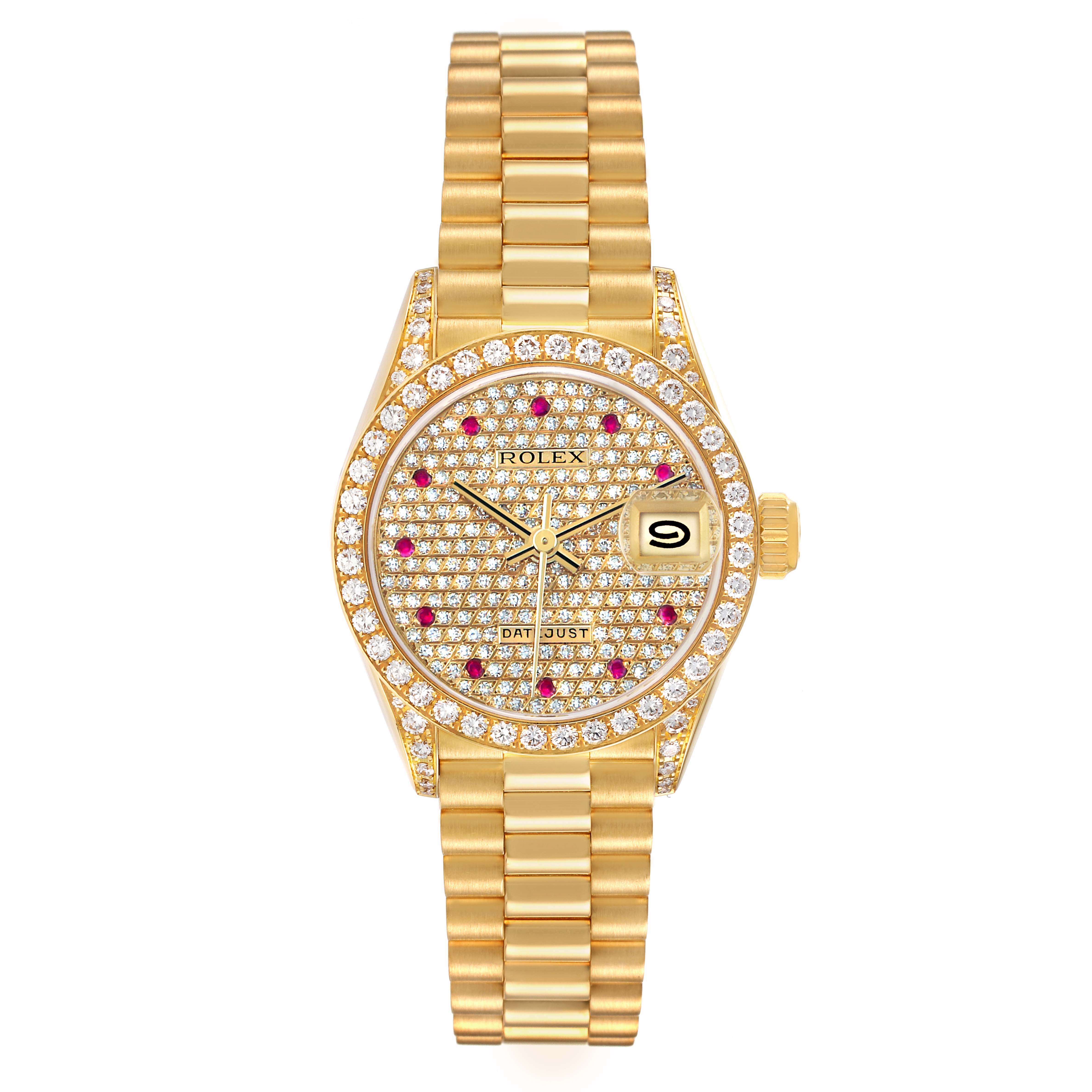 The Rolex President 69158 Women's Yellow Gold Champagne Dial model watch is shown from the front, displaying its gold bracelet, diamond-studded bezel, and face.