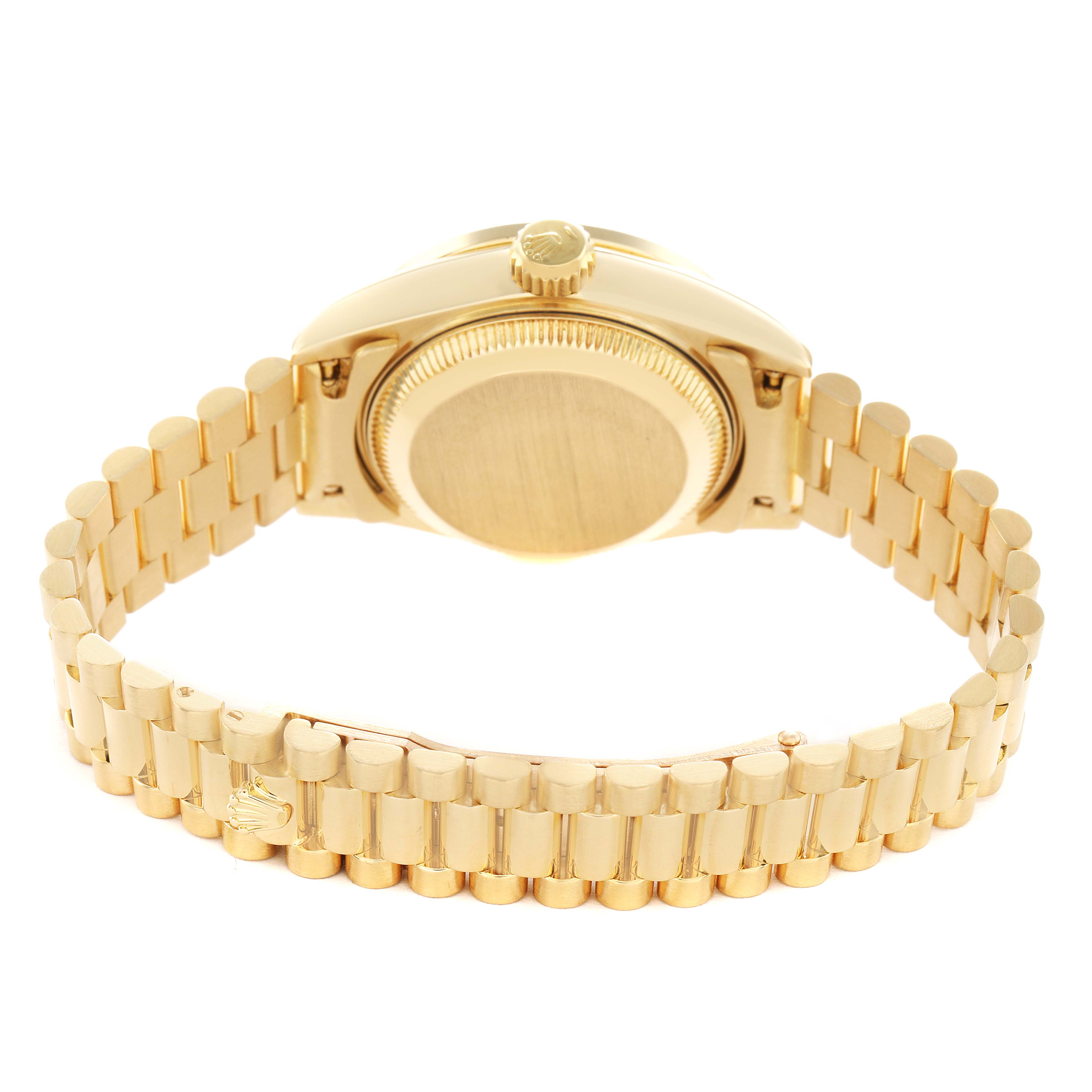 The Rolex President 69158 Women's Yellow Gold Champagne Dial watch is shown from the back, highlighting the gold case, back, and bracelet.