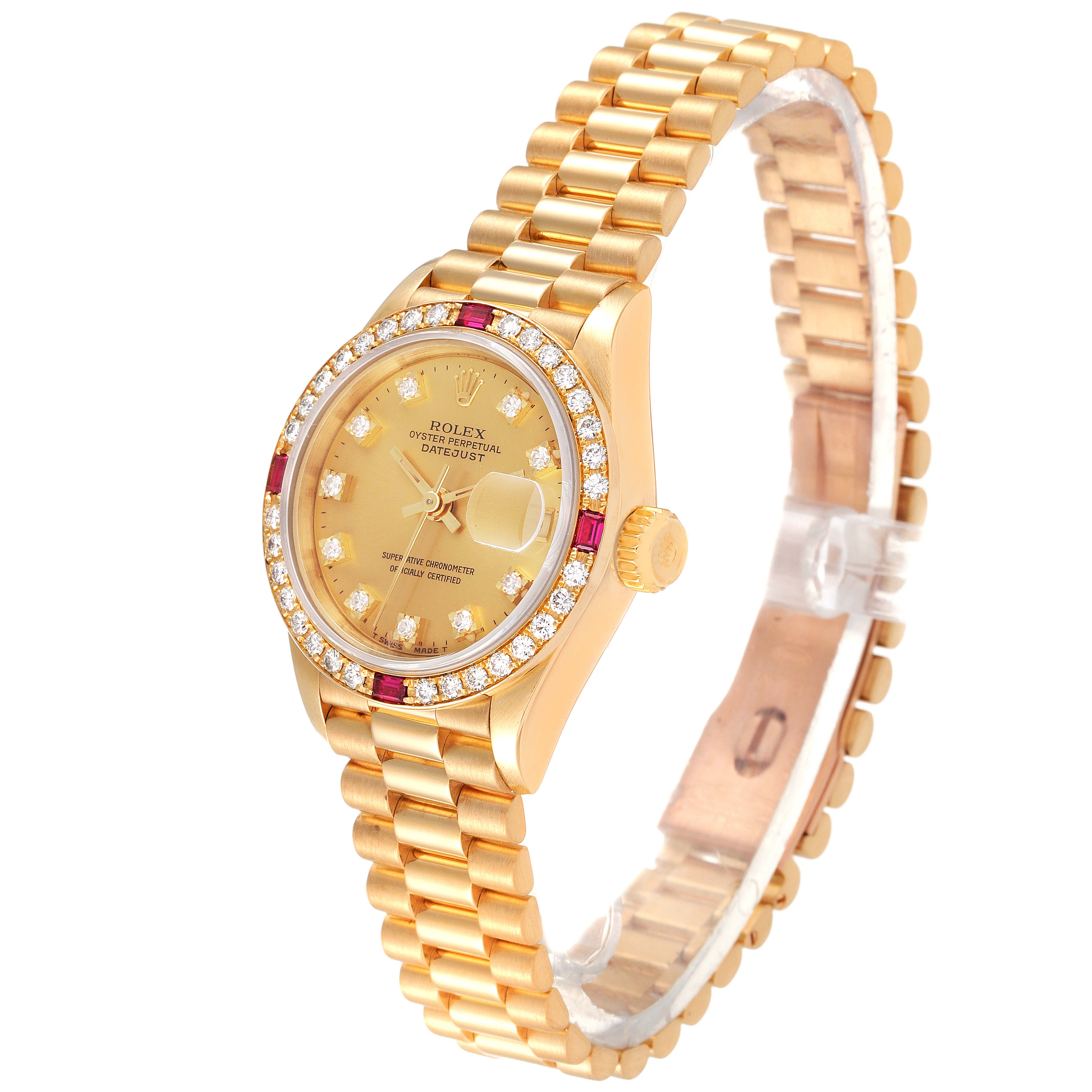 The image shows a President model Rolex watch at a three-quarter angle, highlighting the bracelet, dial, and crown.