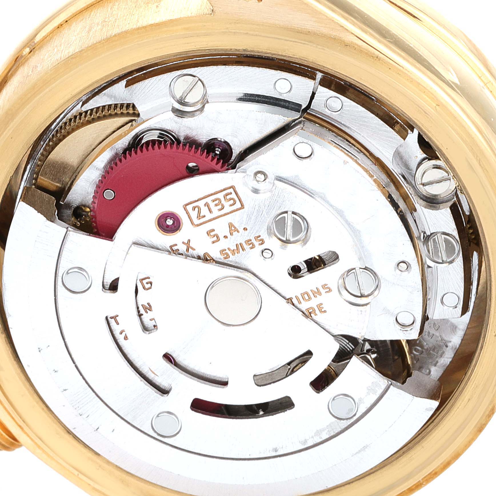 The image shows the internal mechanism of a Rolex President 69068 Women
s Yellow Gold Champagne Dial 69068 Women
s Yellow Gold Champagne Dial model watch from a rear angle.