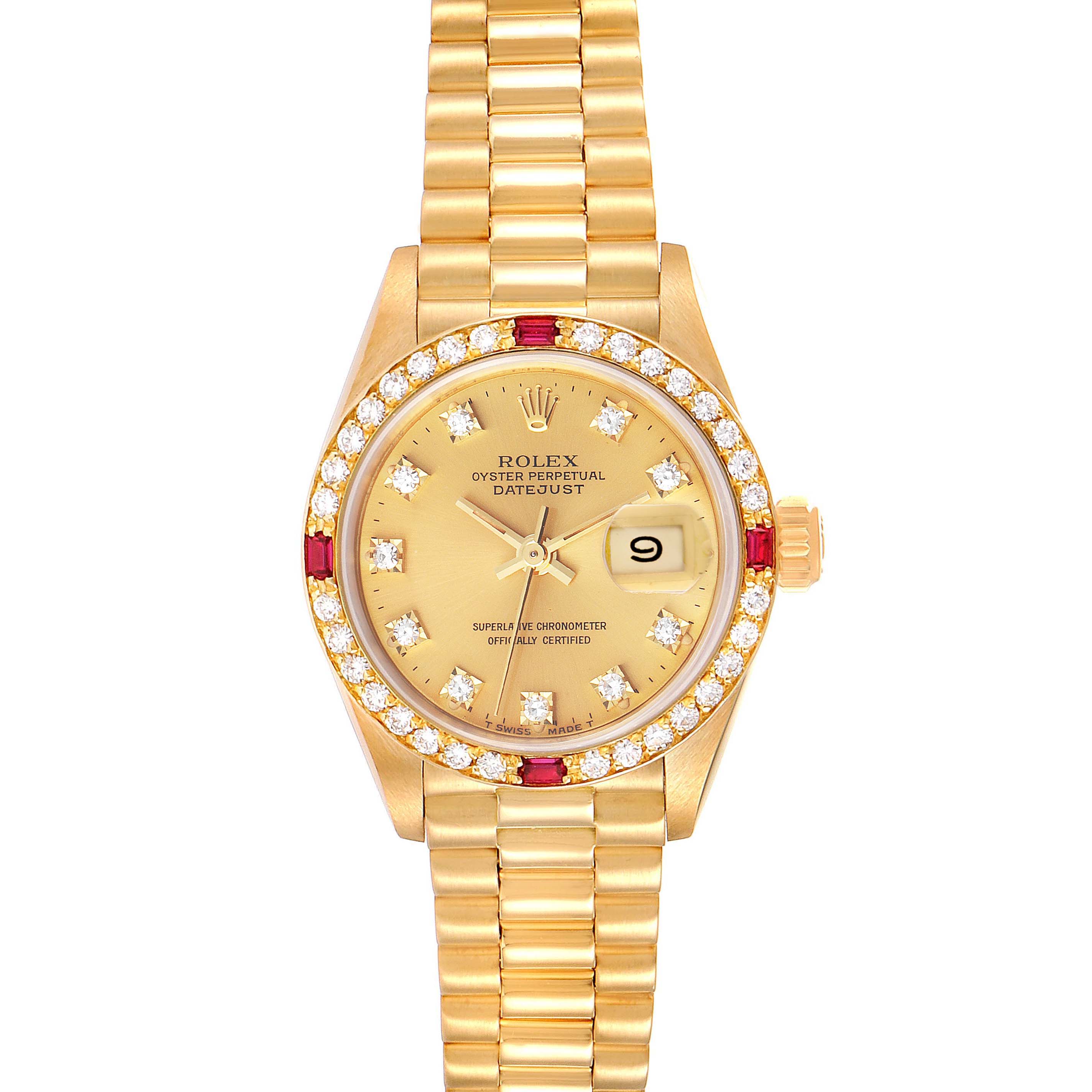 This image shows a top-down view of the Rolex President 69068 Women
s Yellow Gold Champagne Dial 69068 Women
s Yellow Gold Champagne Dial model watch including its gold dial, diamond and ruby bezel, and gold bracelet.