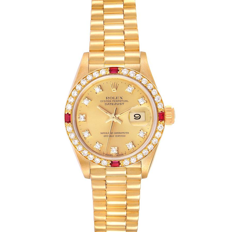 Rolex President Datejust Yellow Gold Diamond Ruby Ladies Watch 69068 SwissWatchExpo