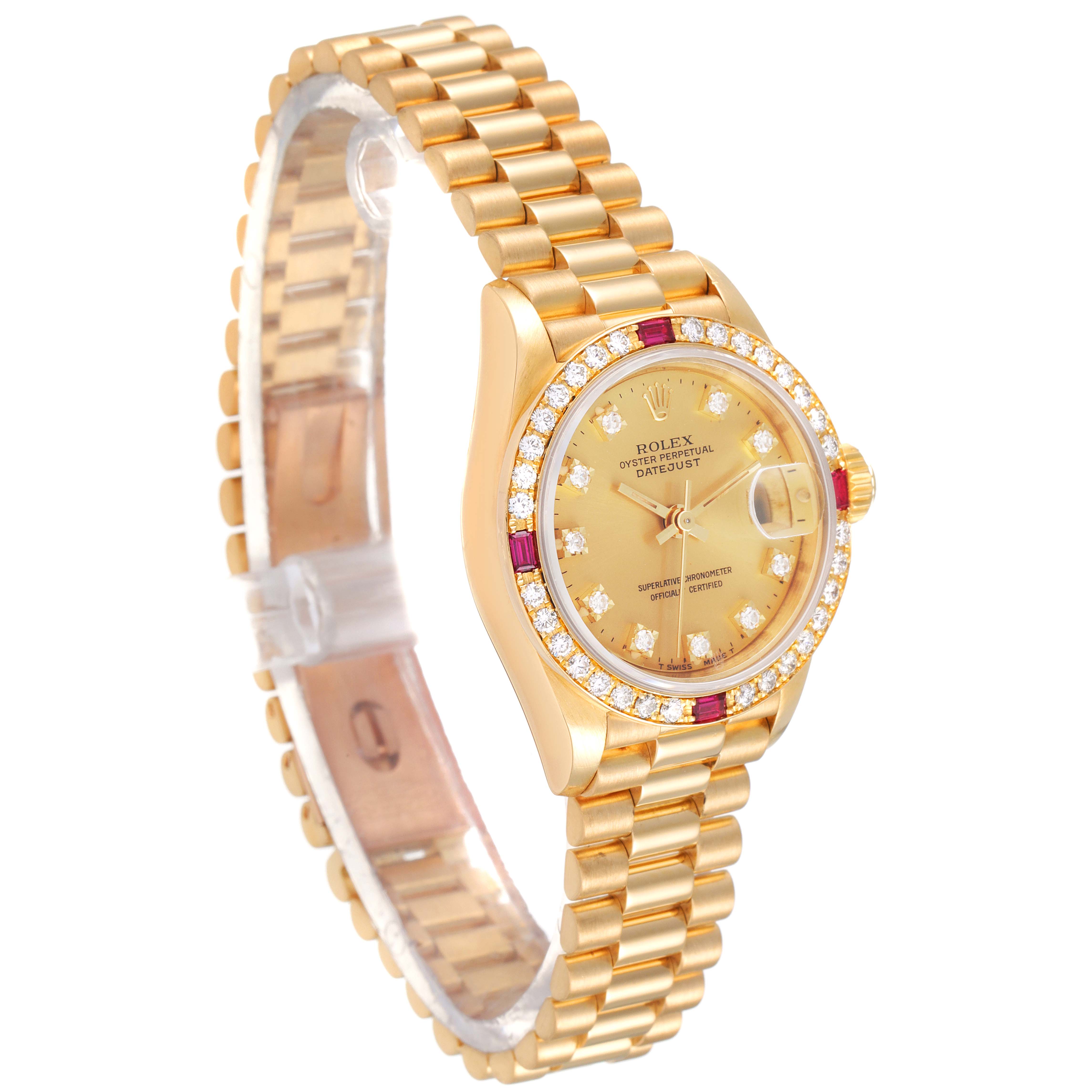 The image shows a Rolex President 69068 Women
s Yellow Gold Champagne Dial 69068 Women
s Yellow Gold Champagne Dial model watch angled slightly from the side, displaying its face, bezel, and bracelet.