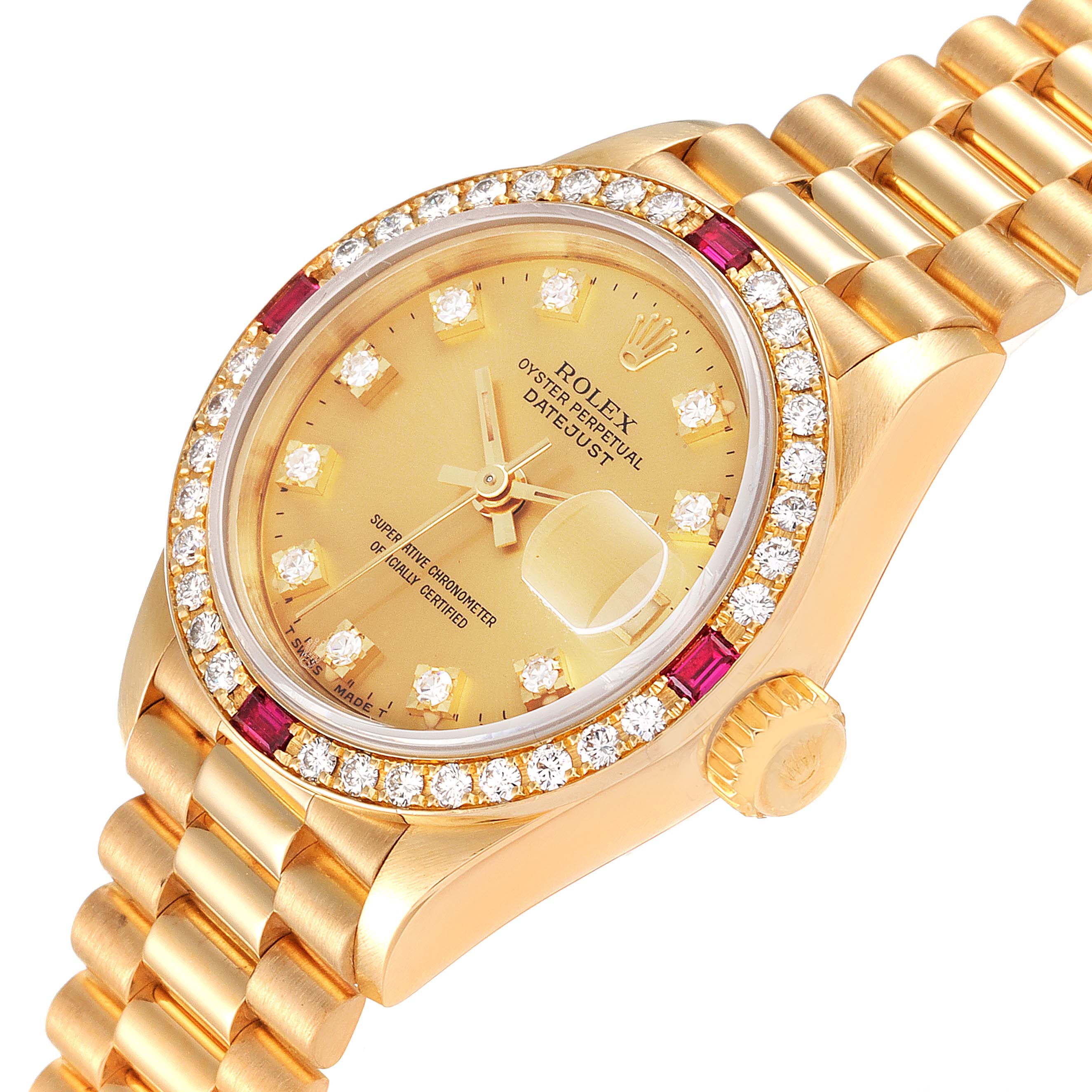The image shows a Rolex President 69068 Women
s Yellow Gold Champagne Dial 69068 Women
s Yellow Gold Champagne Dial model watch at an angle highlighting its face, bezel, crown, and part of its bracelet.
