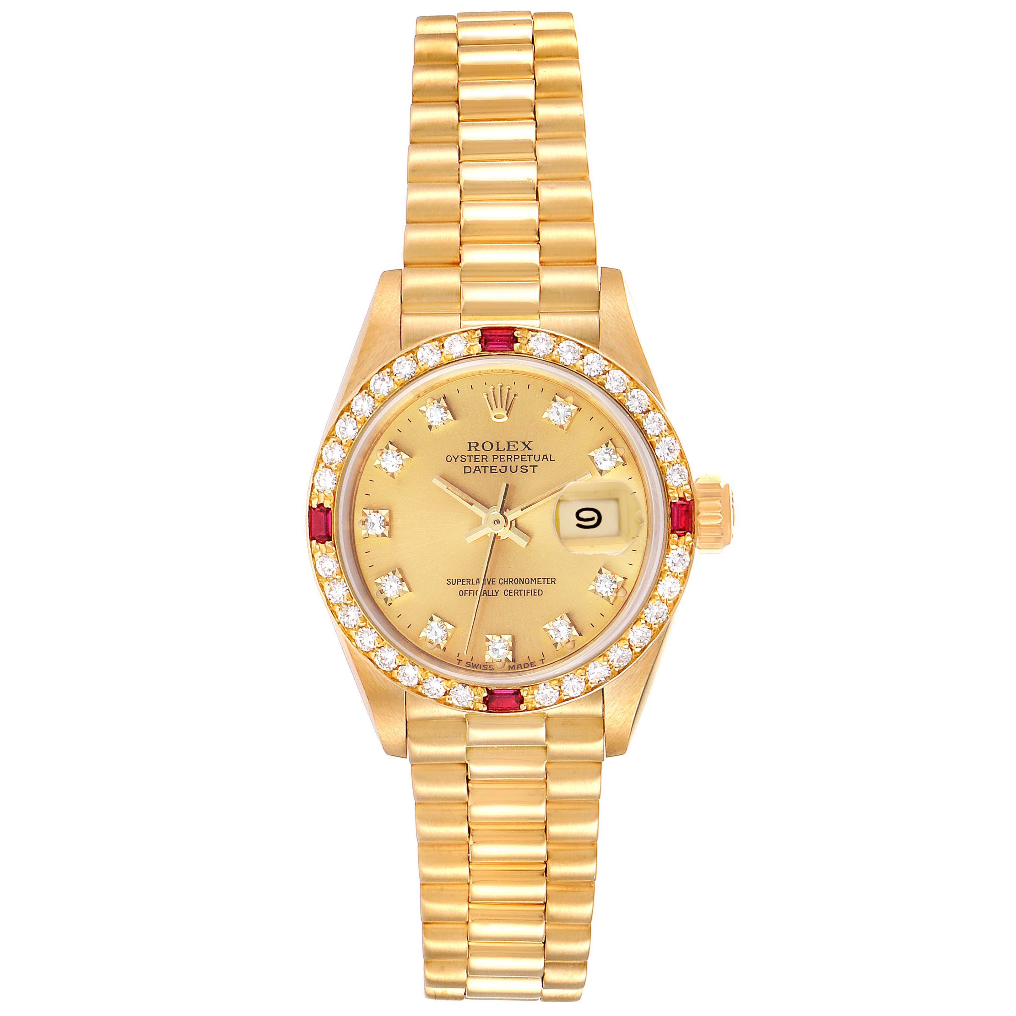 The image shows a front view of a Rolex President 69068 Women
s Yellow Gold Champagne Dial 69068 Women
s Yellow Gold Champagne Dial Datejust watch, featuring a gold case and bracelet with a diamond-studded bezel and dial.