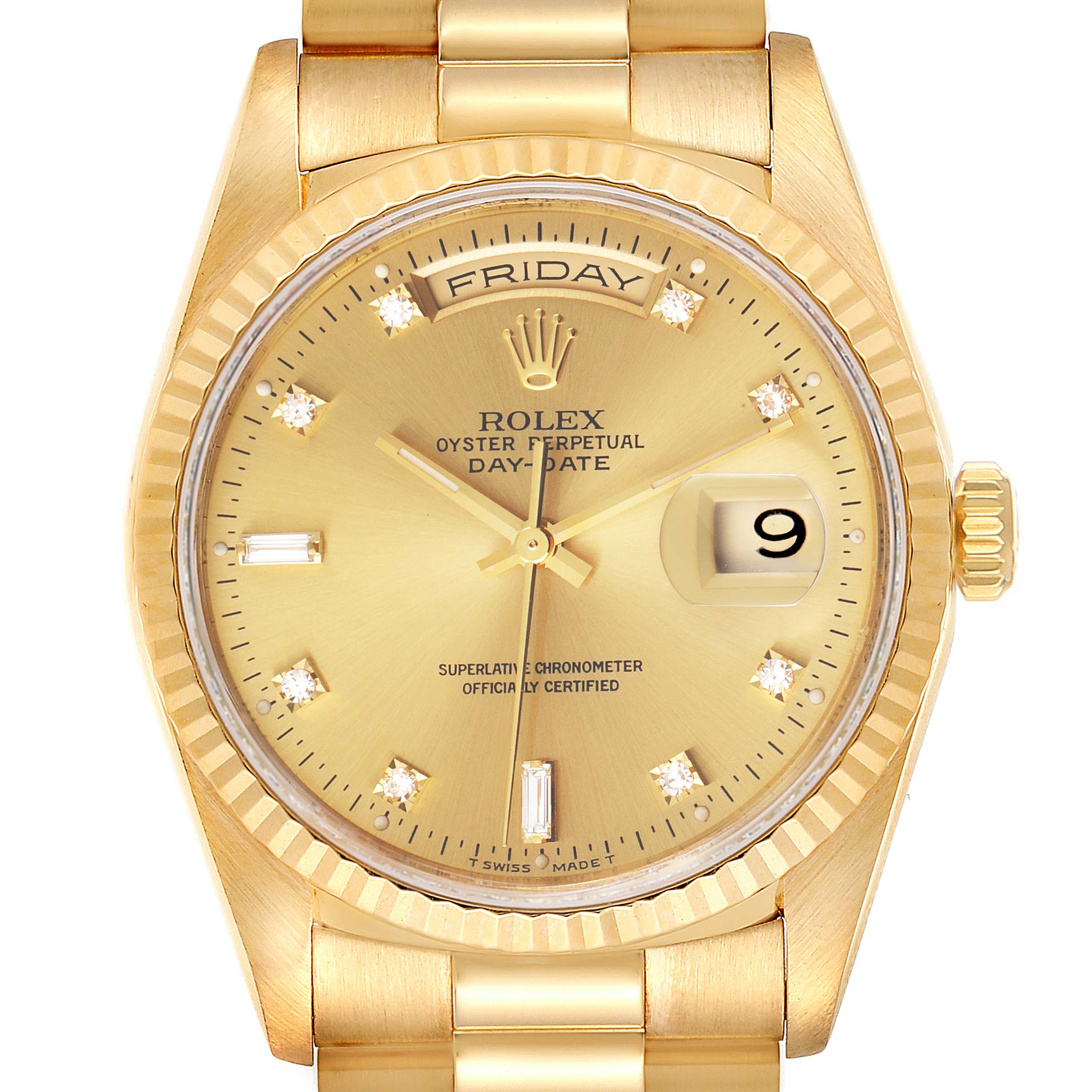 The image shows the front view of a Rolex President 18238 Men's Yellow Gold Champagne Dial 18238 Men's Yellow Gold Champagne Dial Day-Date watch, highlighting the dial, day-date displays, and fluted bezel.