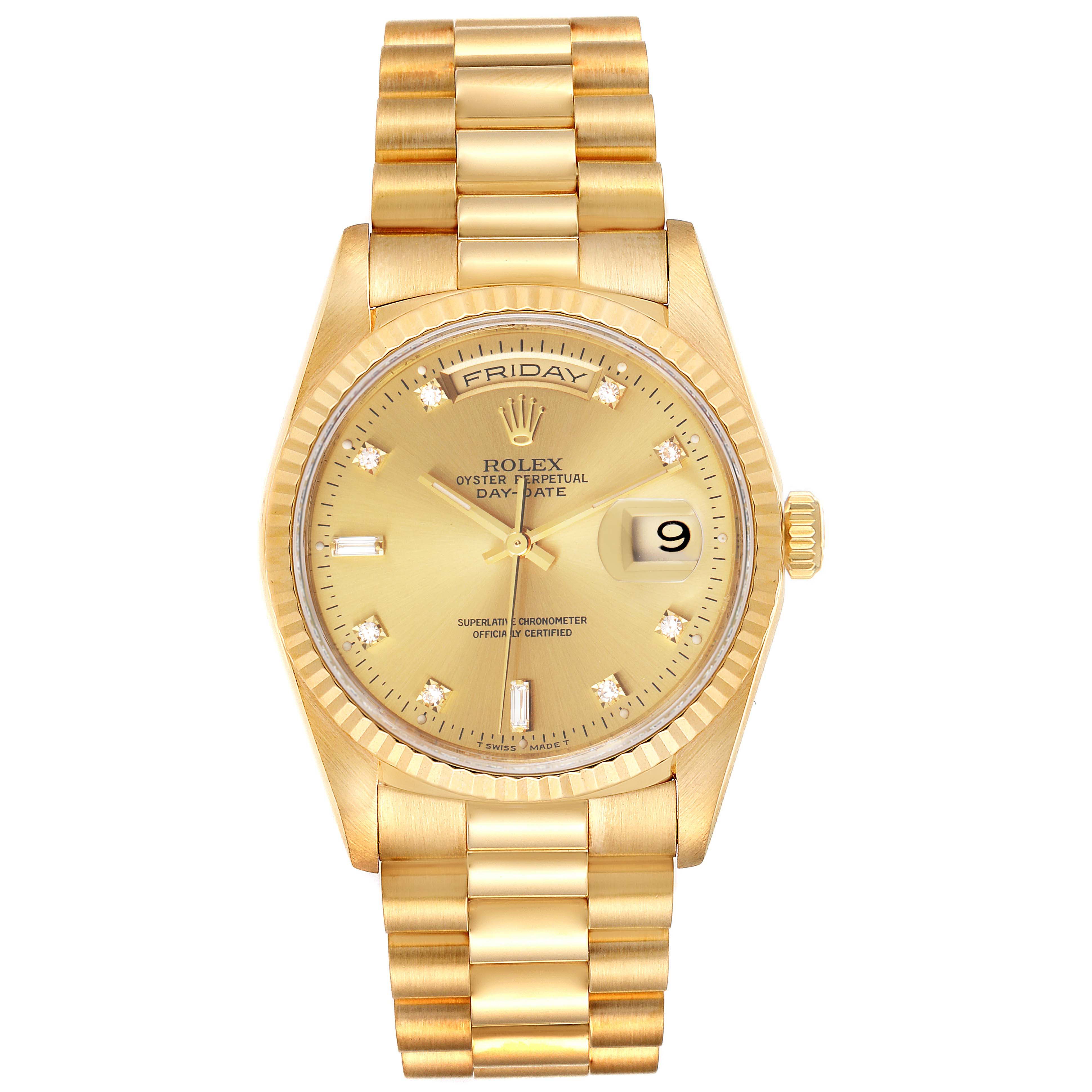 The image shows a front view of a gold Rolex President 18238 Men's Yellow Gold Champagne Dial 18238 Men's Yellow Gold Champagne Dial model watch, displaying the face, day, date, and band.