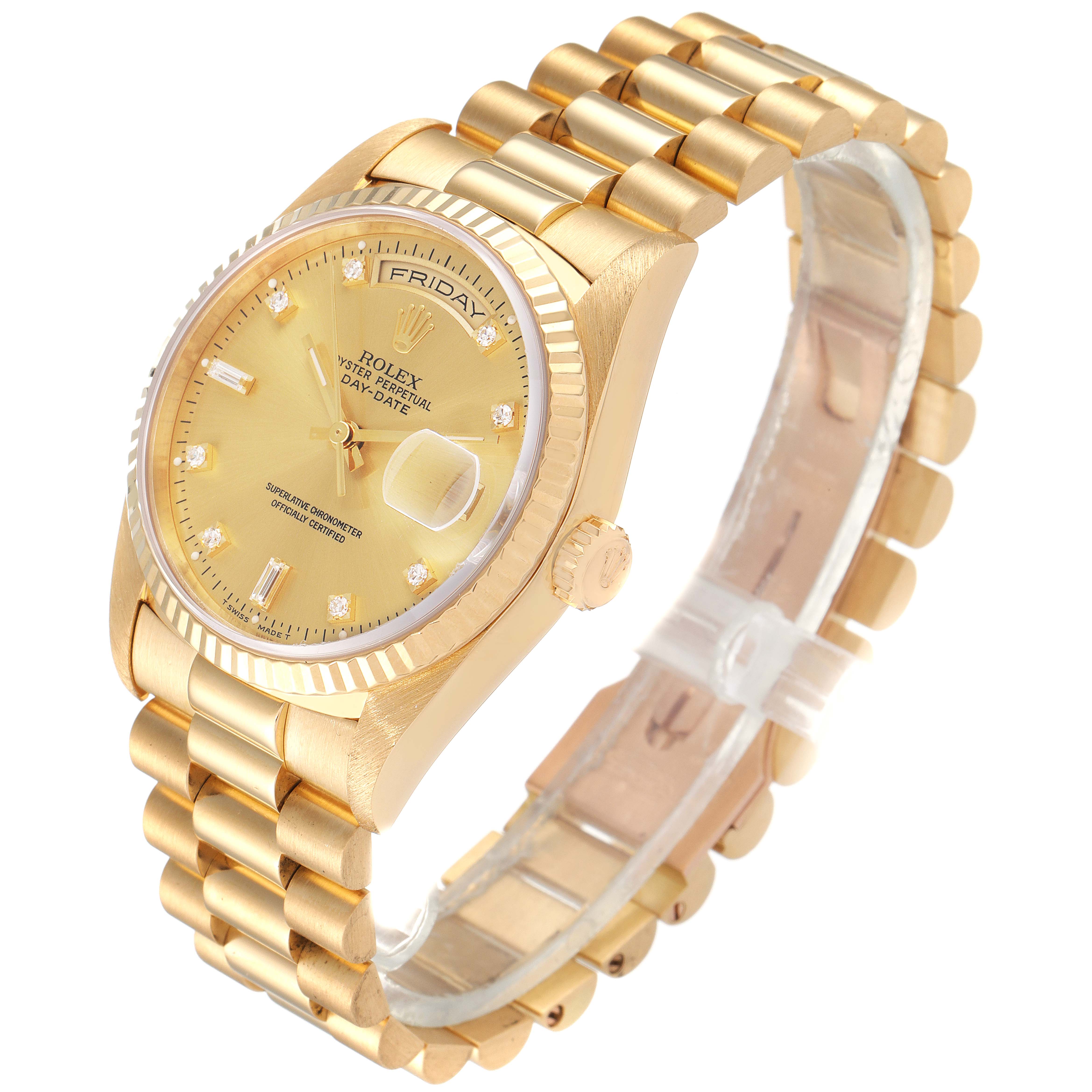 The Rolex President 18238 Men's Yellow Gold Champagne Dial 18238 Men's Yellow Gold Champagne Dial model watch is shown at an angled view, displaying the face, bezel, bracelet, and crown.