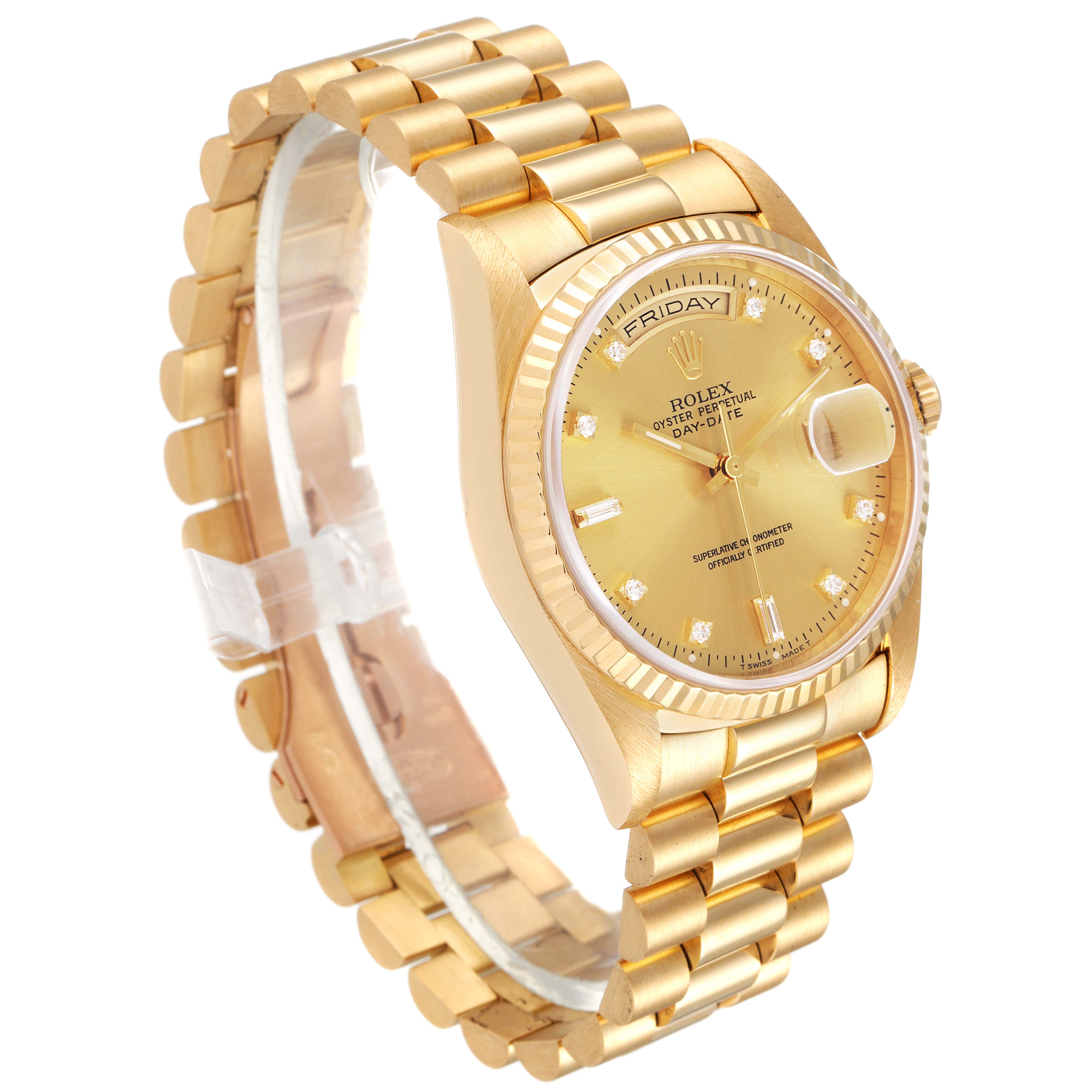 This image shows a side angle of a Rolex President 18238 Men's Yellow Gold Champagne Dial 18238 Men's Yellow Gold Champagne Dial model watch, highlighting the gold band, dial, and date display.