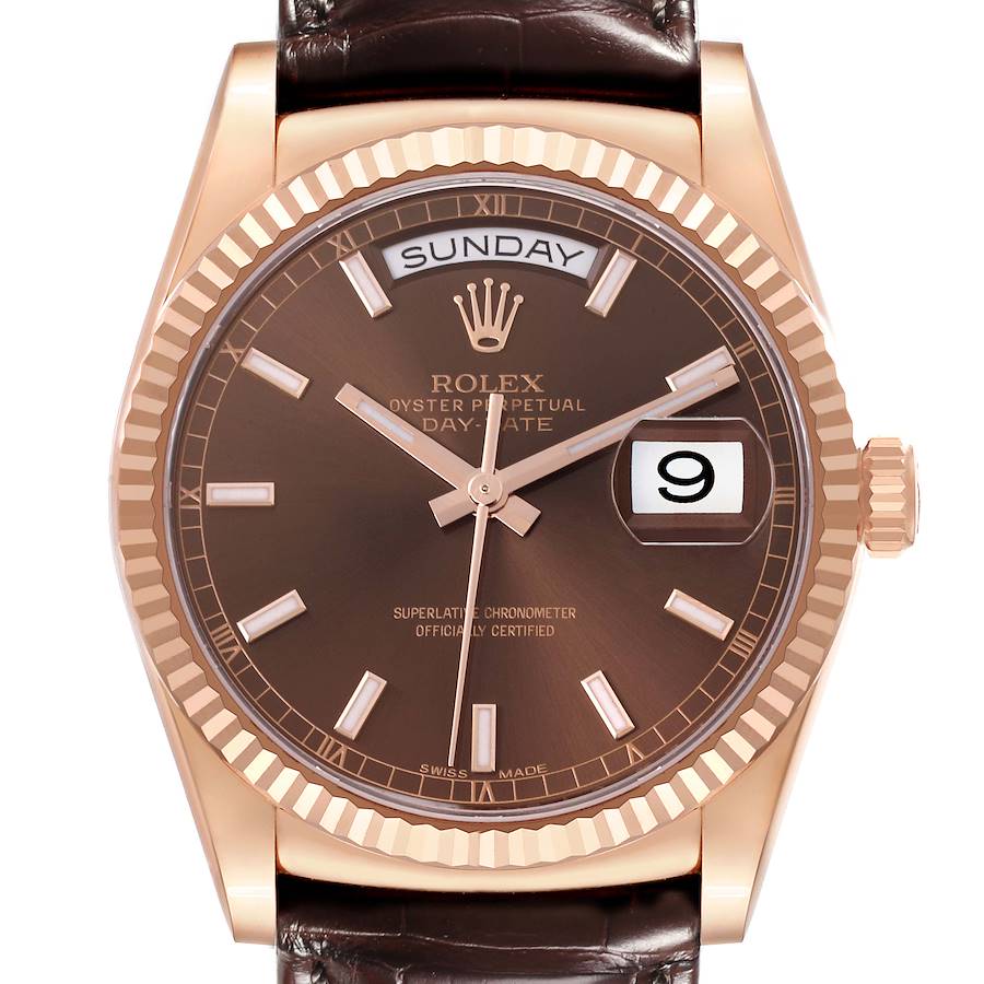 The Rolex President model watch is shown from the front, displaying the dial, bezel, crown, and day-date indicators.