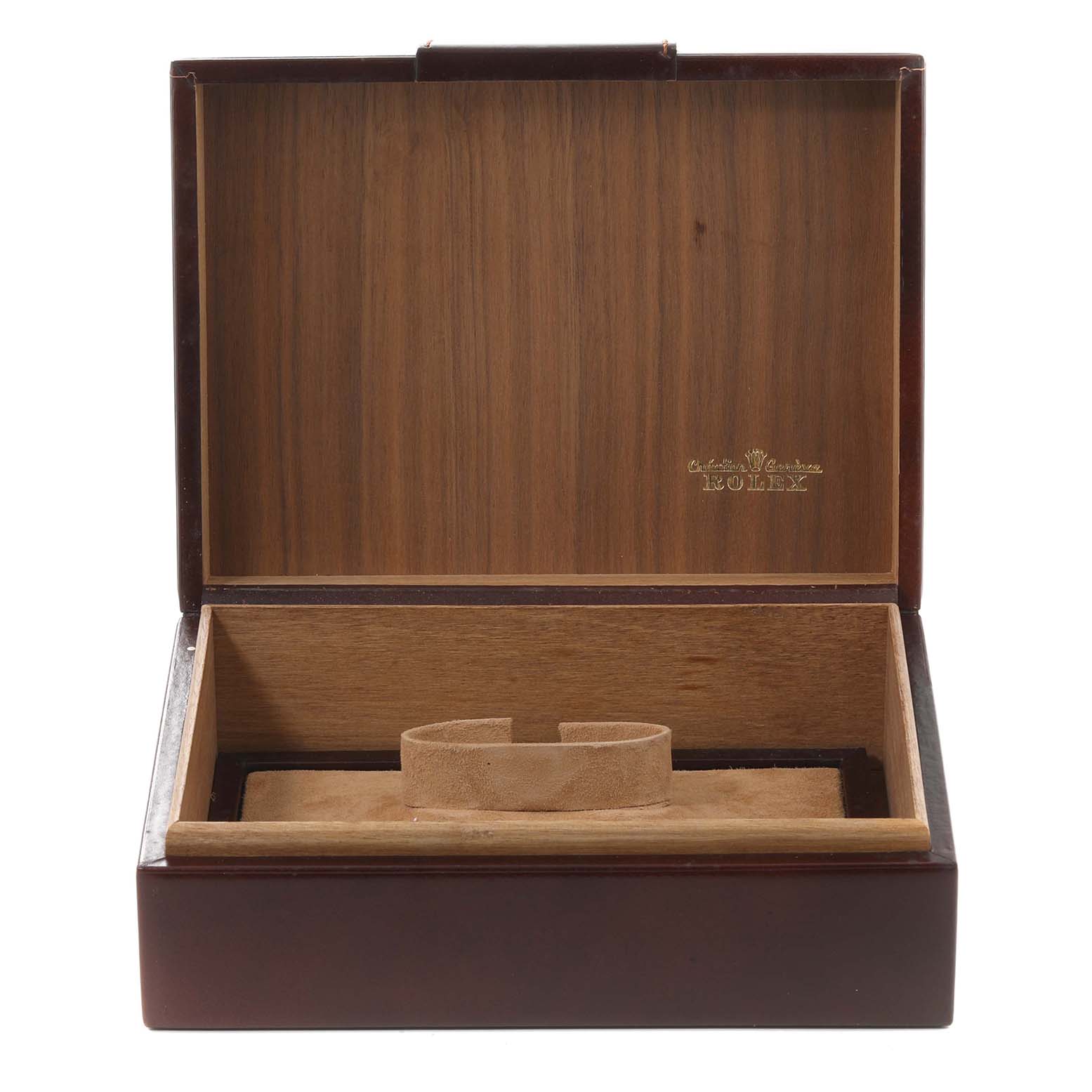 The image shows an open wooden box for a Rolex Vintage Collection 1803 Men's Yellow Gold Silver Dial 1803 Men's Yellow Gold Silver Dial watch, focusing on the watch holder inside.