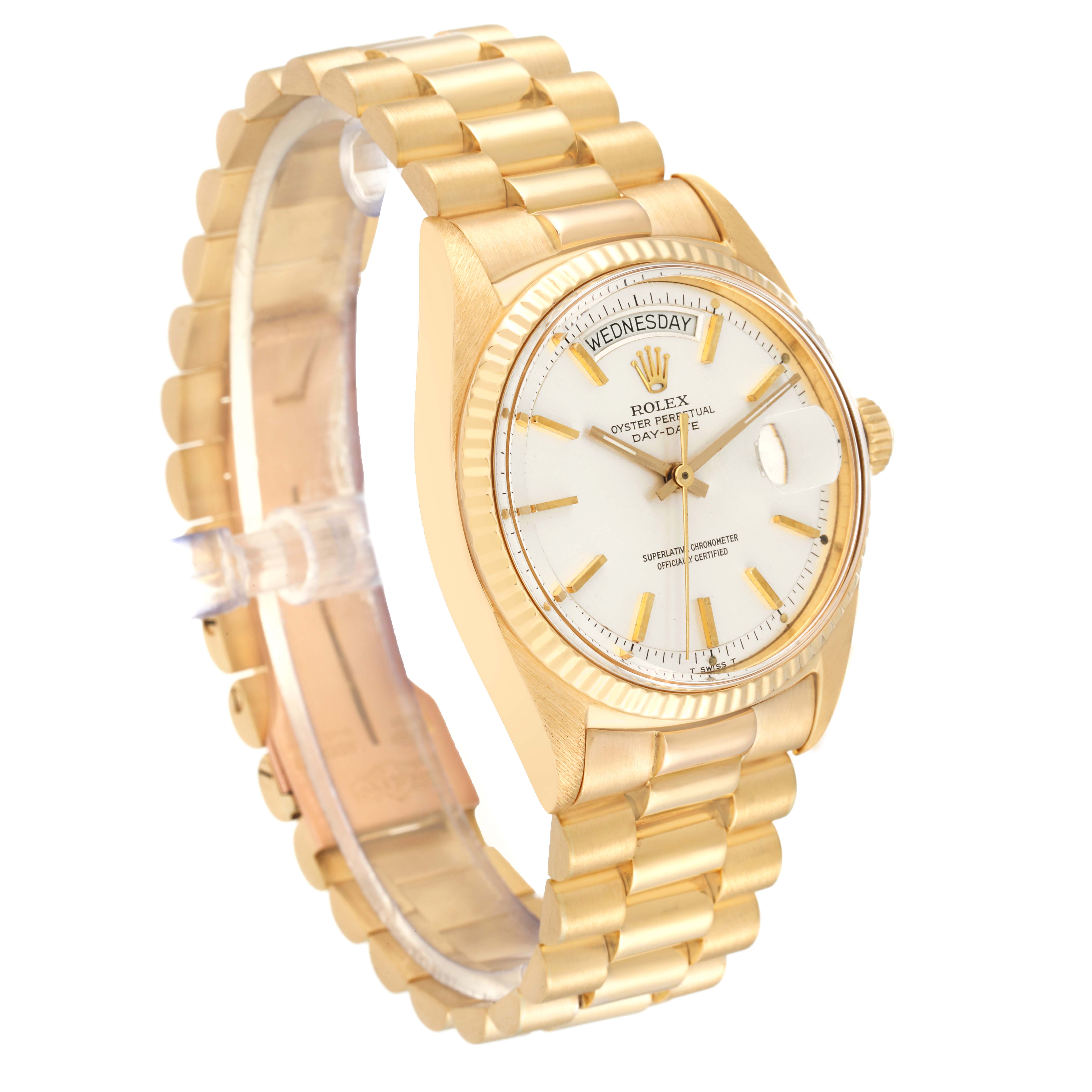 The Rolex Vintage Collection 1803 Men's Yellow Gold Silver Dial 1803 Men's Yellow Gold Silver Dial watch is shown from a three-quarter angle, highlighting its gold band, bezel, crown, and face with day-date display.