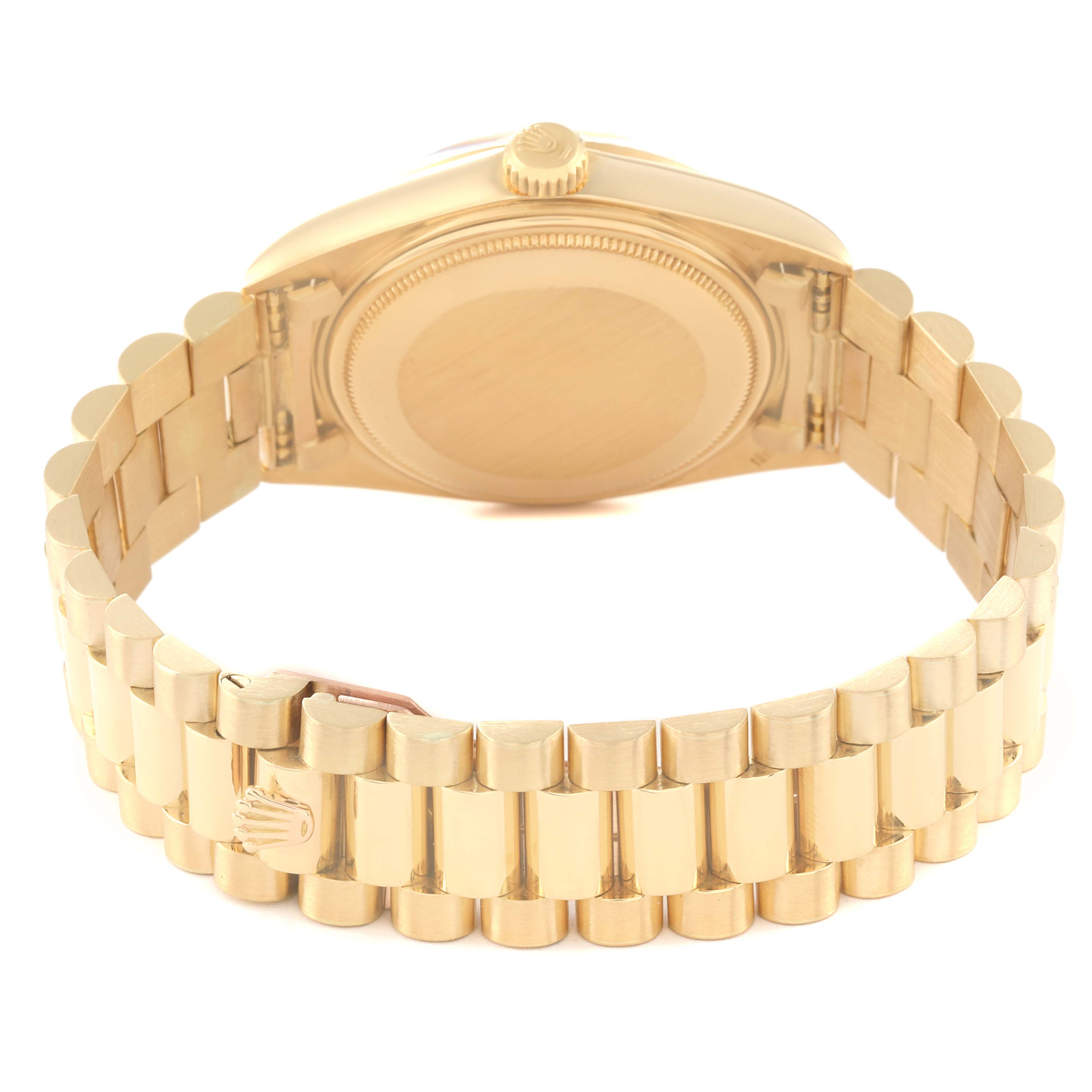 This image shows the back of the Rolex Vintage Collection 1803 Men's Yellow Gold Silver Dial 1803 Men's Yellow Gold Silver Dial watch, highlighting the case back and gold bracelet with clasp.