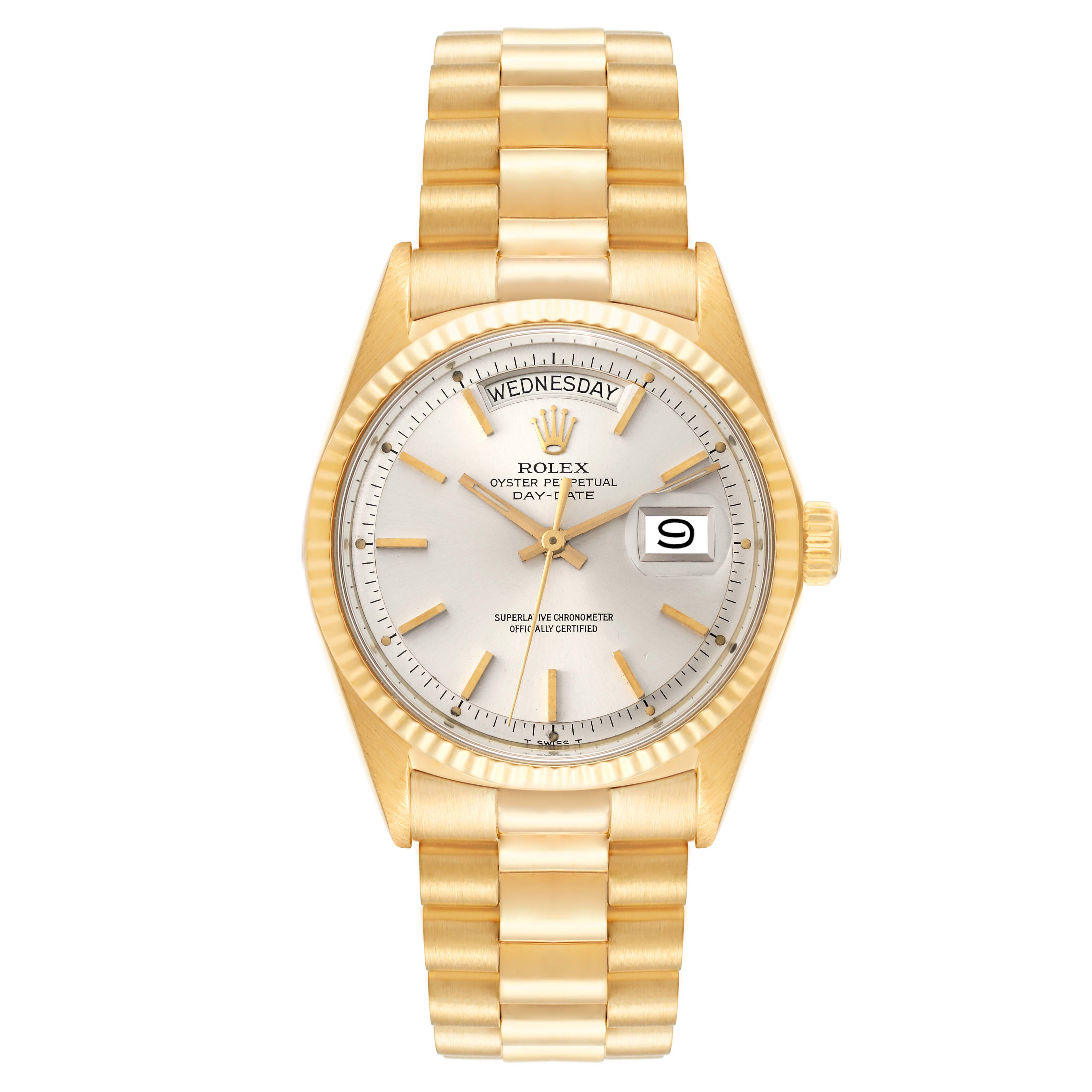 The vintage Rolex Oyster Perpetual Day-Date watch is shown from the front, displaying its dial, bracelet, and the day and date windows.