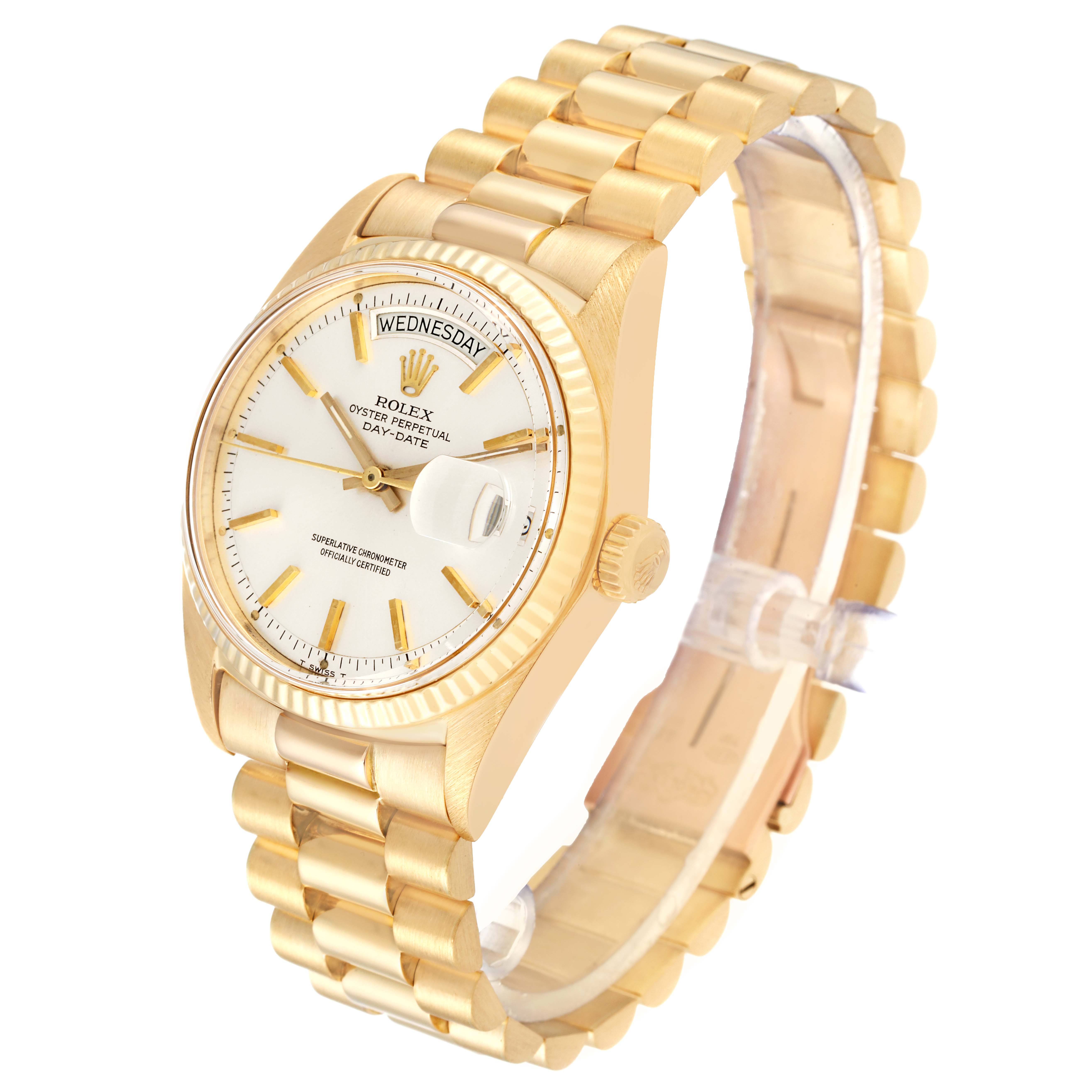 This image shows a Rolex Vintage Collection 1803 Men's Yellow Gold Silver Dial 1803 Men's Yellow Gold Silver Dial watch from a three-quarter angle, displaying the dial, bezel, crown, and bracelet.