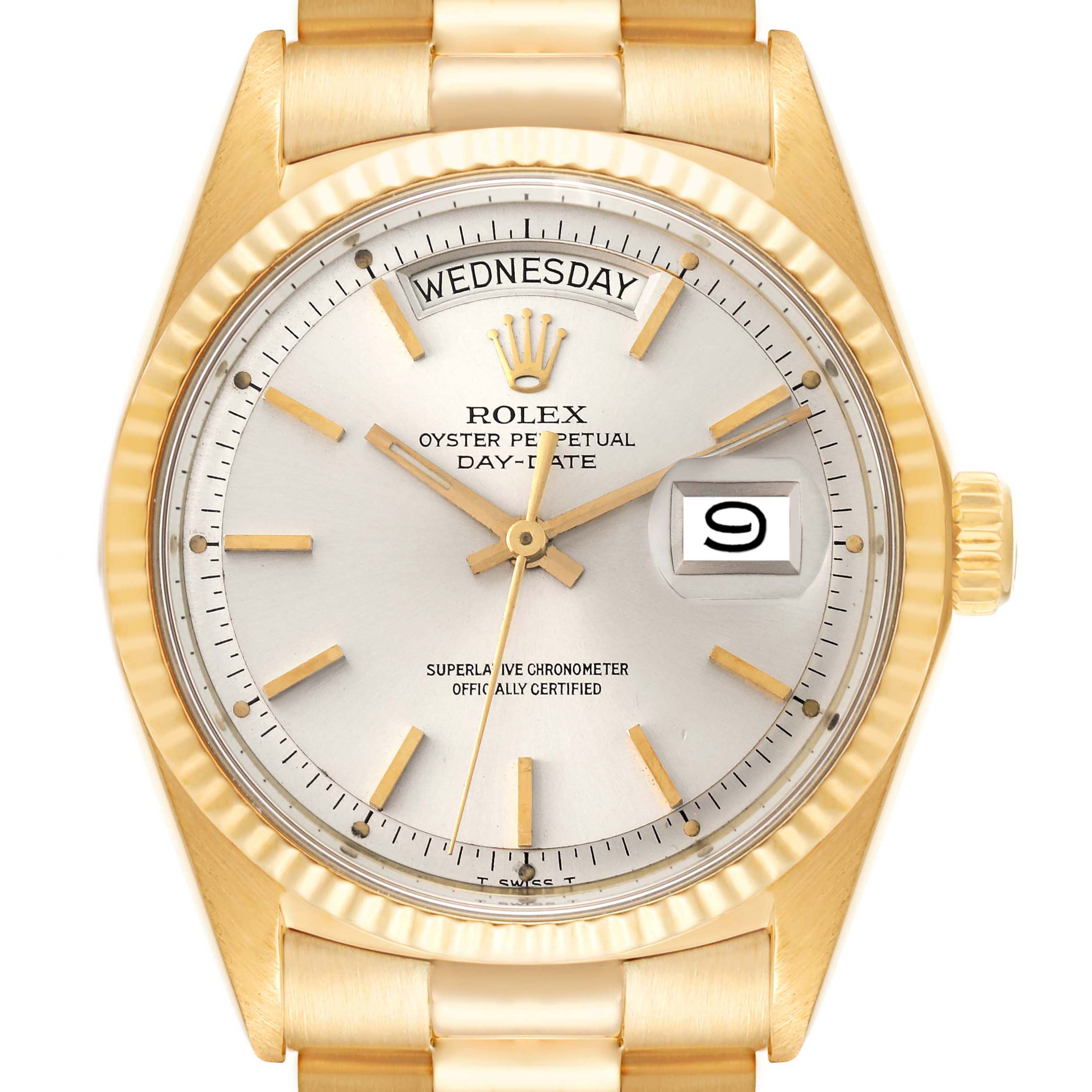 This image shows a front view of a Vintage Collection Rolex Oyster Perpetual Day-Date watch, showcasing the dial, hands, day, and date indicators.