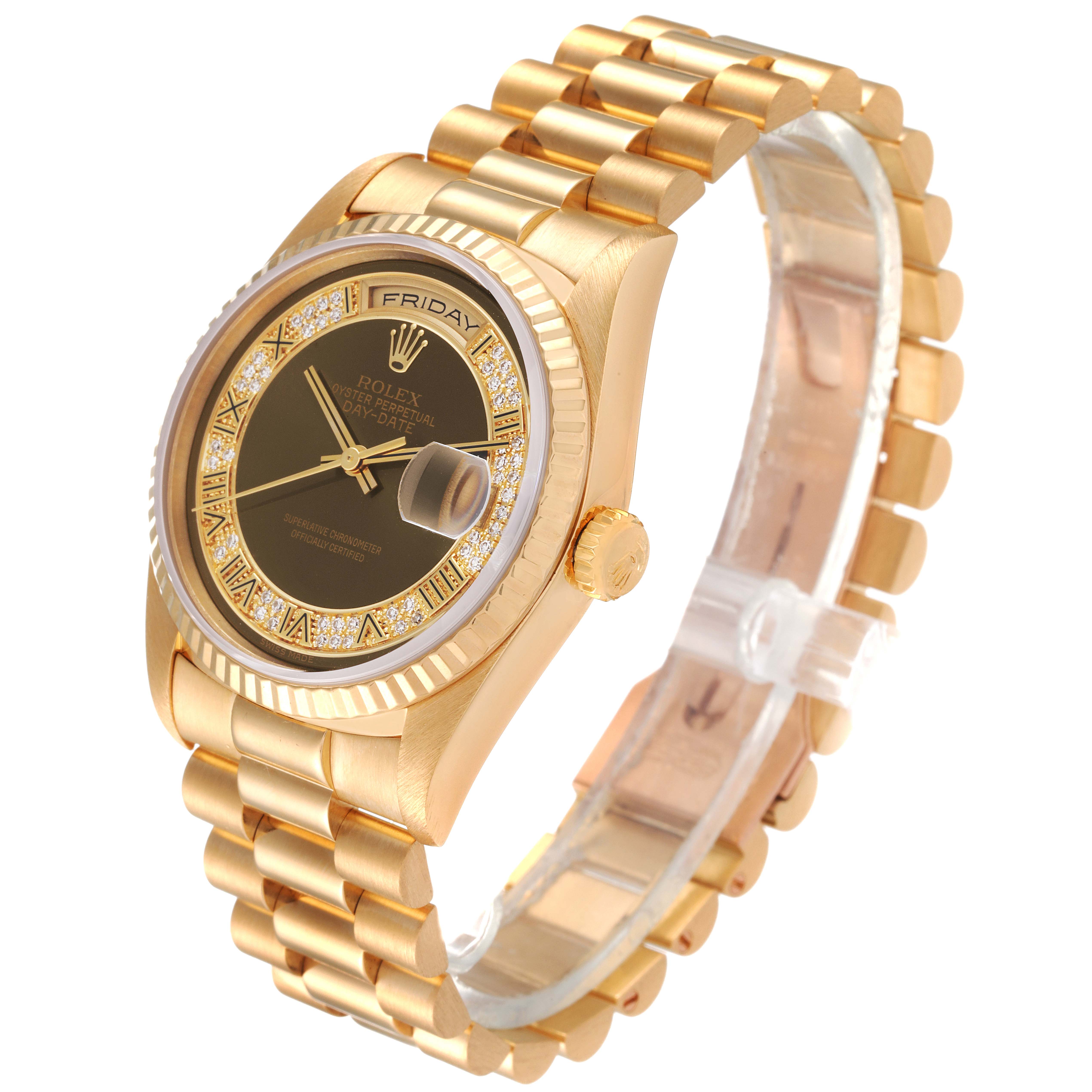The image shows a Rolex President 18238 Men's Yellow Gold Brown Dial 18238 Men's Yellow Gold Brown Dial model watch at a three-quarter angle, displaying its face, crown, and bracelet.
