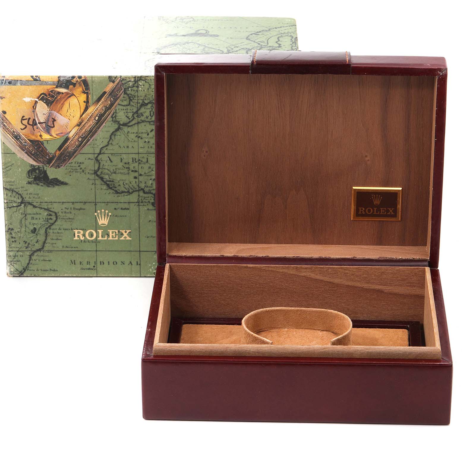 The image shows an open Rolex box for the President model watch, revealing its interior compartments.