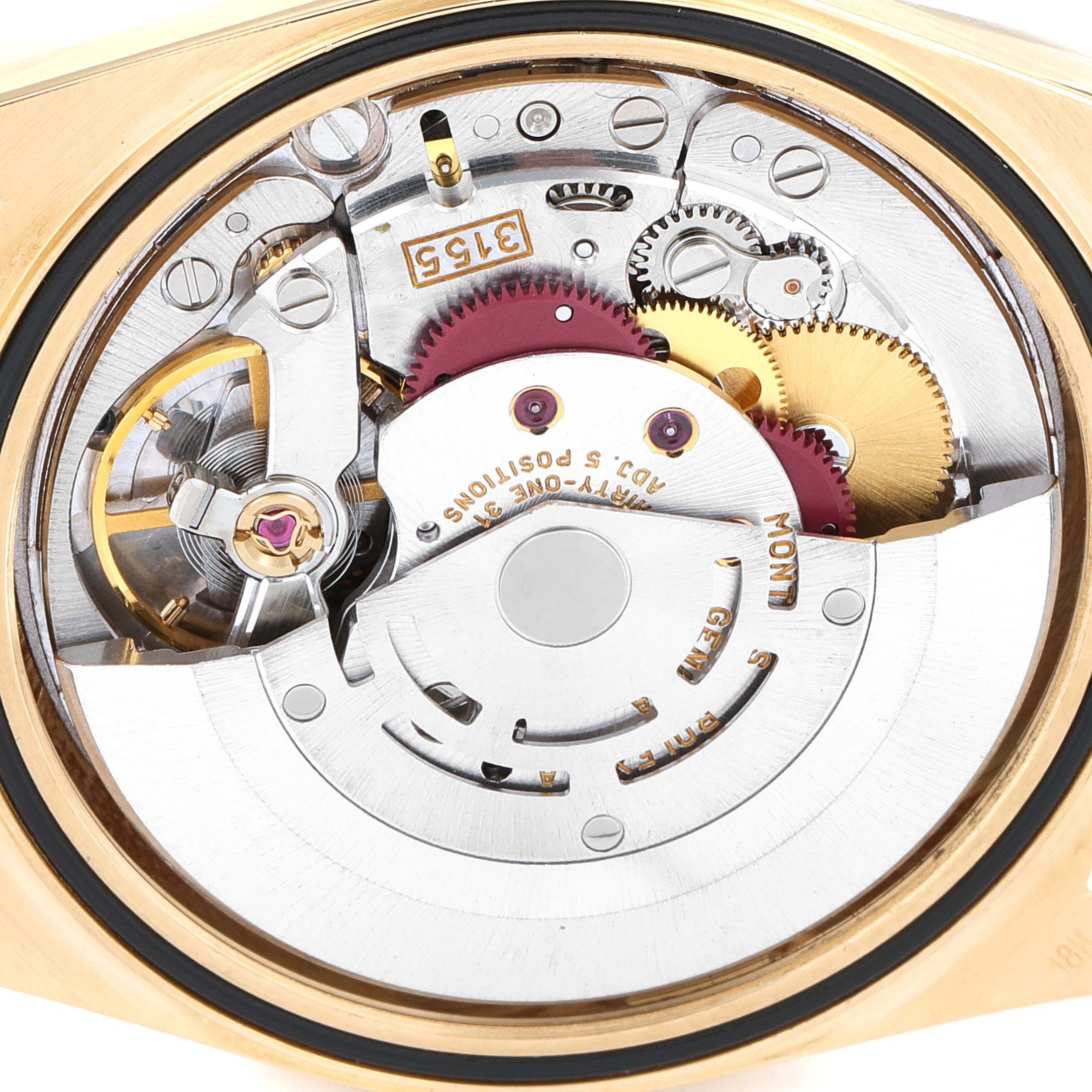 This image shows the internal mechanism of a Rolex President 18238 Men's Yellow Gold Brown Dial 18238 Men's Yellow Gold Brown Dial model watch at a close-up angle, showcasing gears and intricate components.