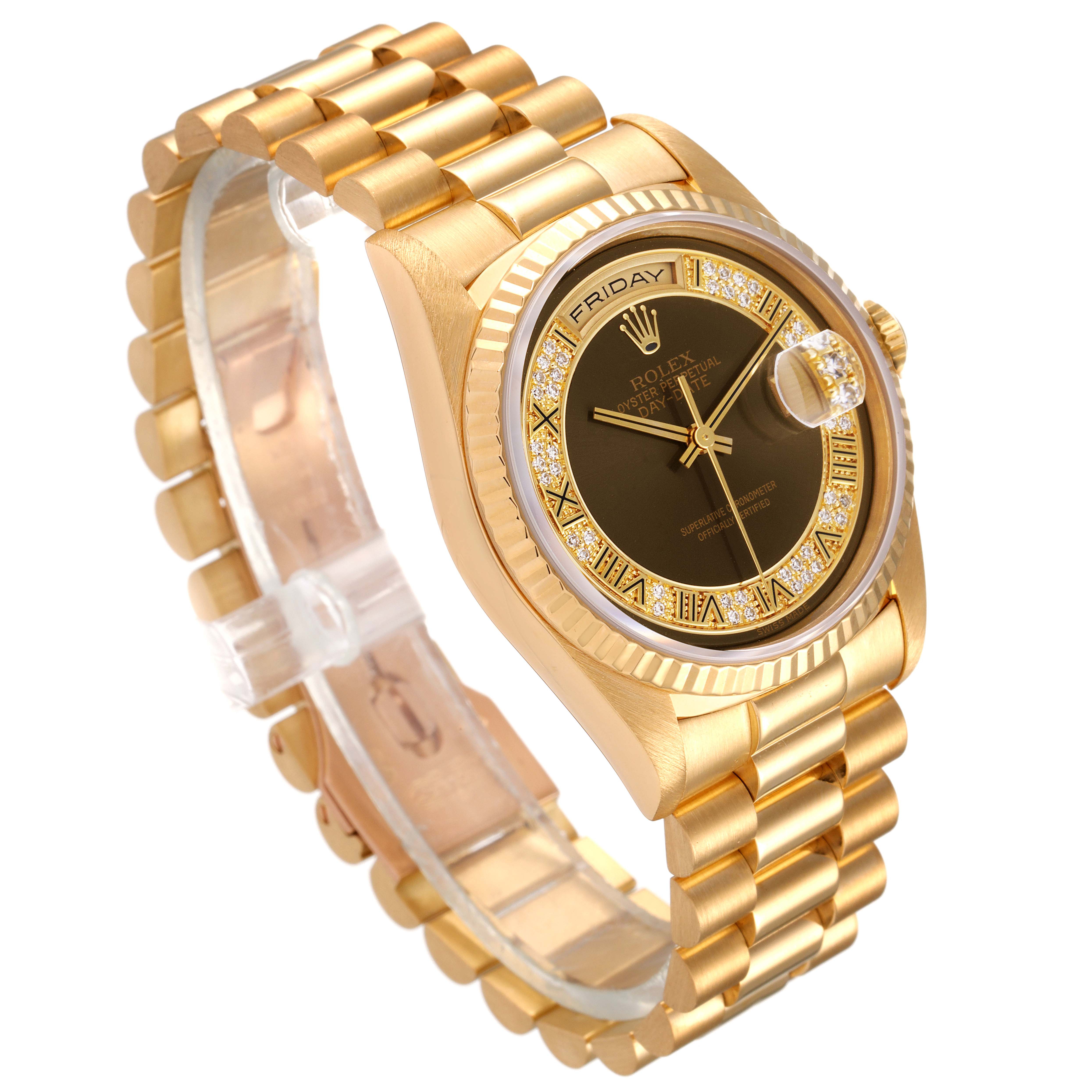 The Rolex President 18238 Men's Yellow Gold Brown Dial 18238 Men's Yellow Gold Brown Dial model watch is shown at an angle displaying the face, bezel, bracelet, and crown.