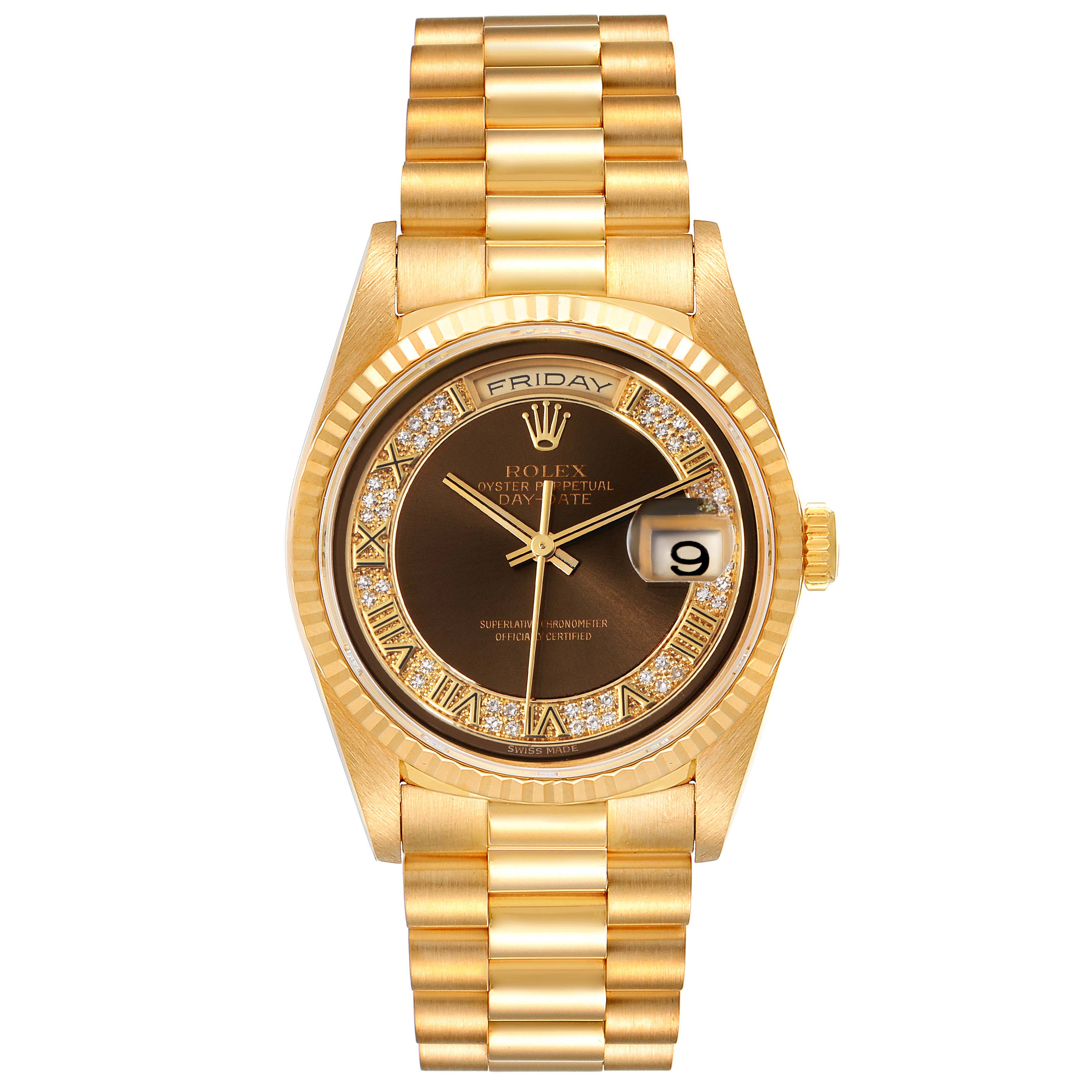 The Rolex President 18238 Men's Yellow Gold Brown Dial 18238 Men's Yellow Gold Brown Dial model watch is shown from a front angle, displaying the dial, bezel, bracelet, and crown.