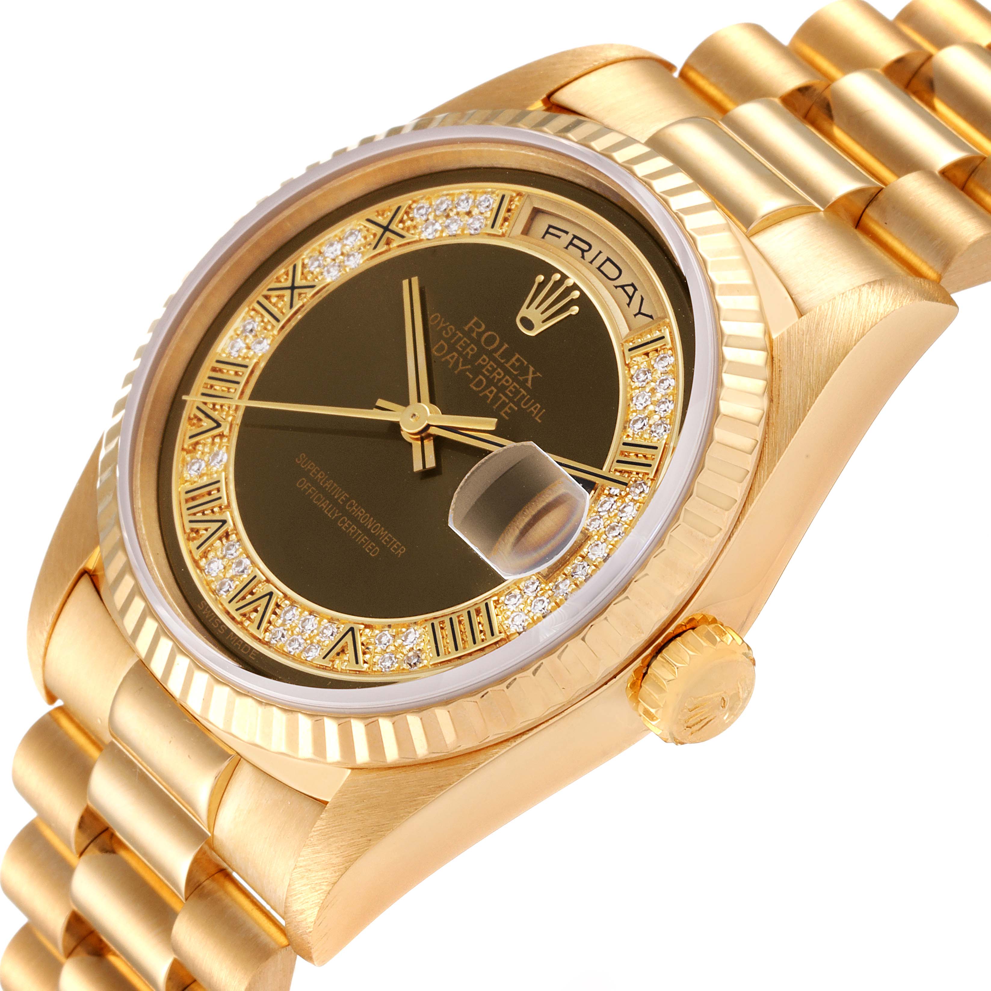 The image shows the Rolex President 18238 Men's Yellow Gold Brown Dial 18238 Men's Yellow Gold Brown Dial model's gold case, bracelet, and detailed dial from a slight angled top view.