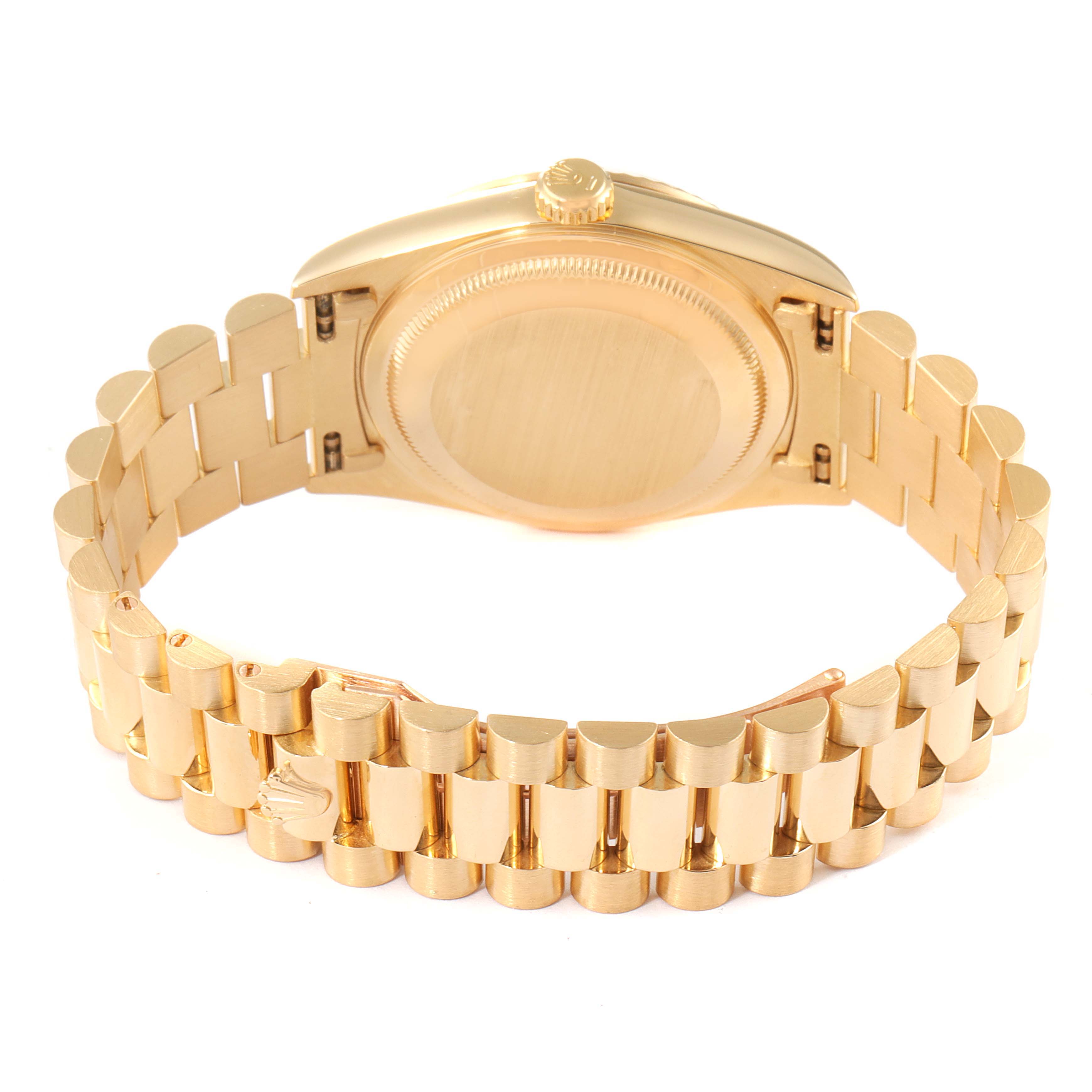 The image shows the back and bracelet of a Rolex President 18238 Men's Yellow Gold Brown Dial 18238 Men's Yellow Gold Brown Dial model watch from a low rear angle.