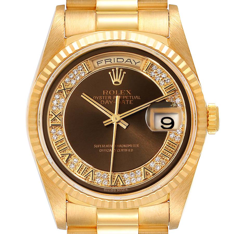 Rolex President Day-Date Yellow Gold Myriad Diamond Mens Watch 18238 SwissWatchExpo