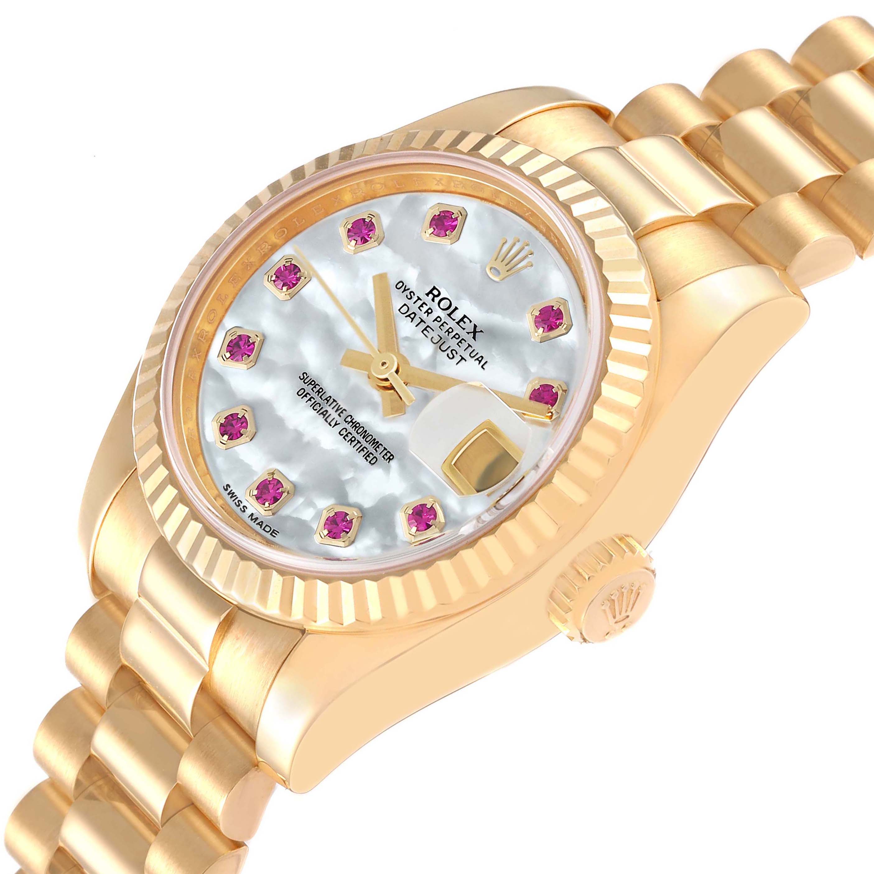 The image shows a close-up side angle of the Rolex President 179178 Women's Yellow Gold Mother of Pearl Dial 179178 Women's Yellow Gold Mother of Pearl Dial model watch, highlighting the dial, bezel, and bracelet.