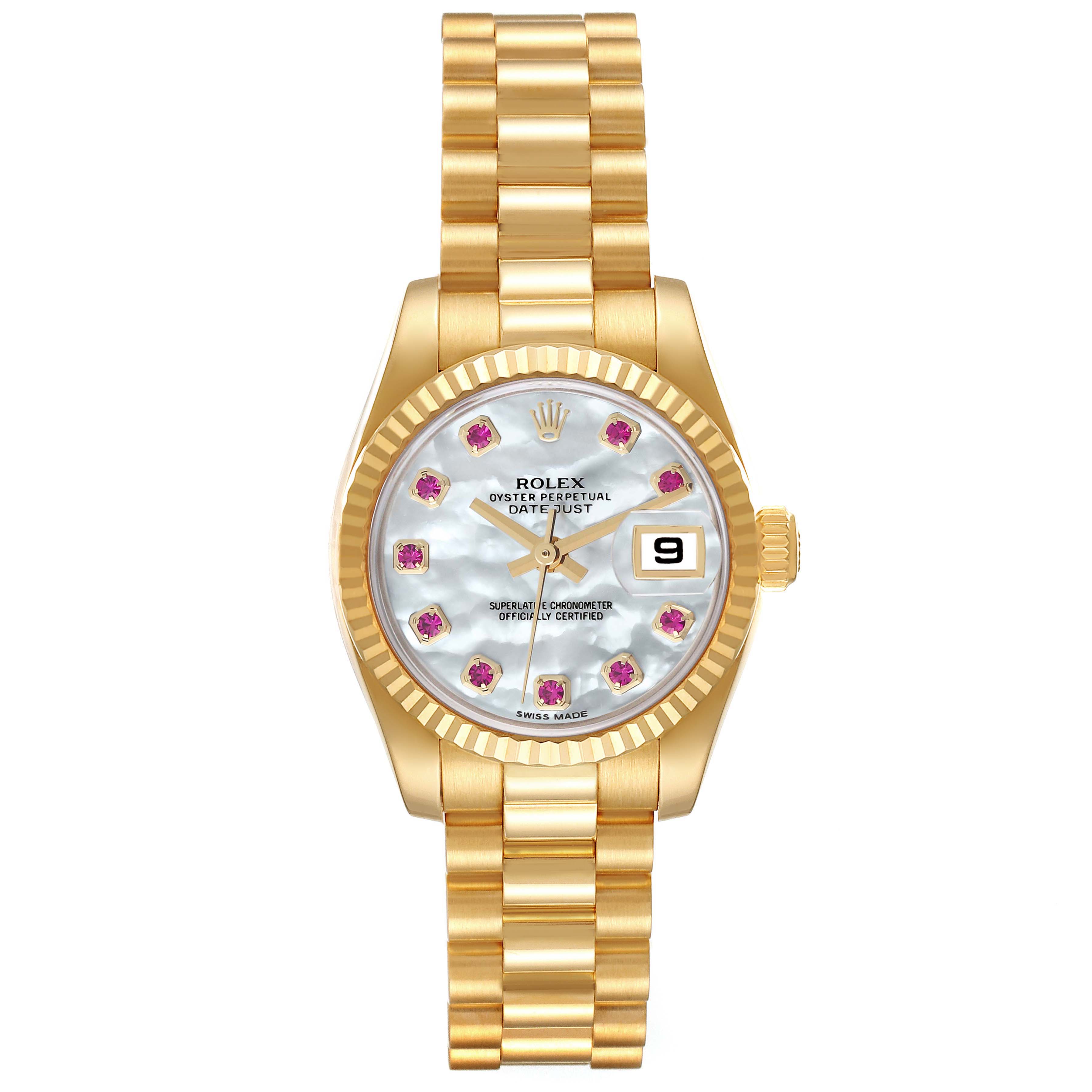 The image shows a Rolex President 179178 Women's Yellow Gold Mother of Pearl Dial 179178 Women's Yellow Gold Mother of Pearl Dial model watch from a front angle, displaying its gold bracelet, fluted bezel, and date function.