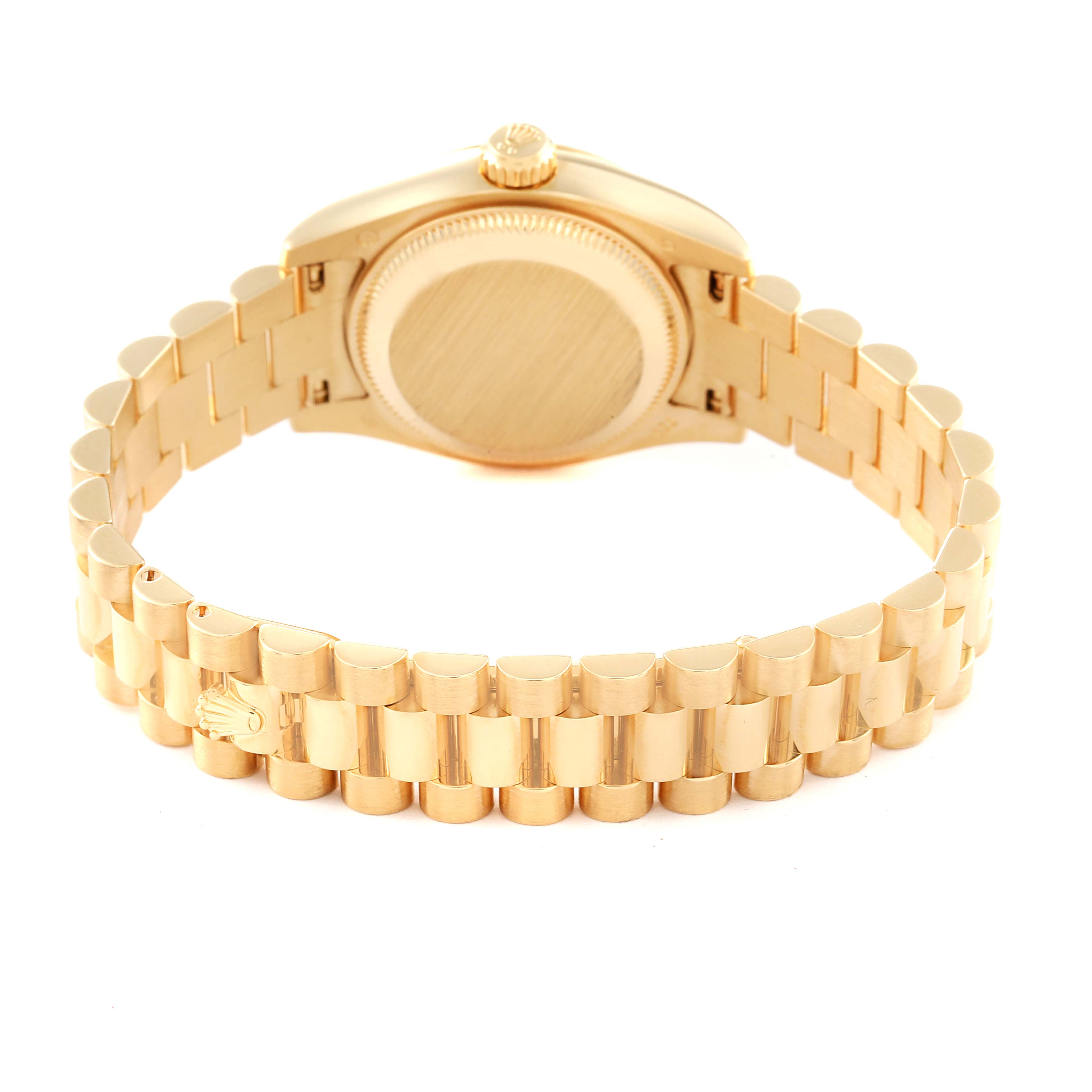 The image shows the backside and bracelet of a Rolex President 179178 Women's Yellow Gold Mother of Pearl Dial 179178 Women's Yellow Gold Mother of Pearl Dial model watch at an angle.