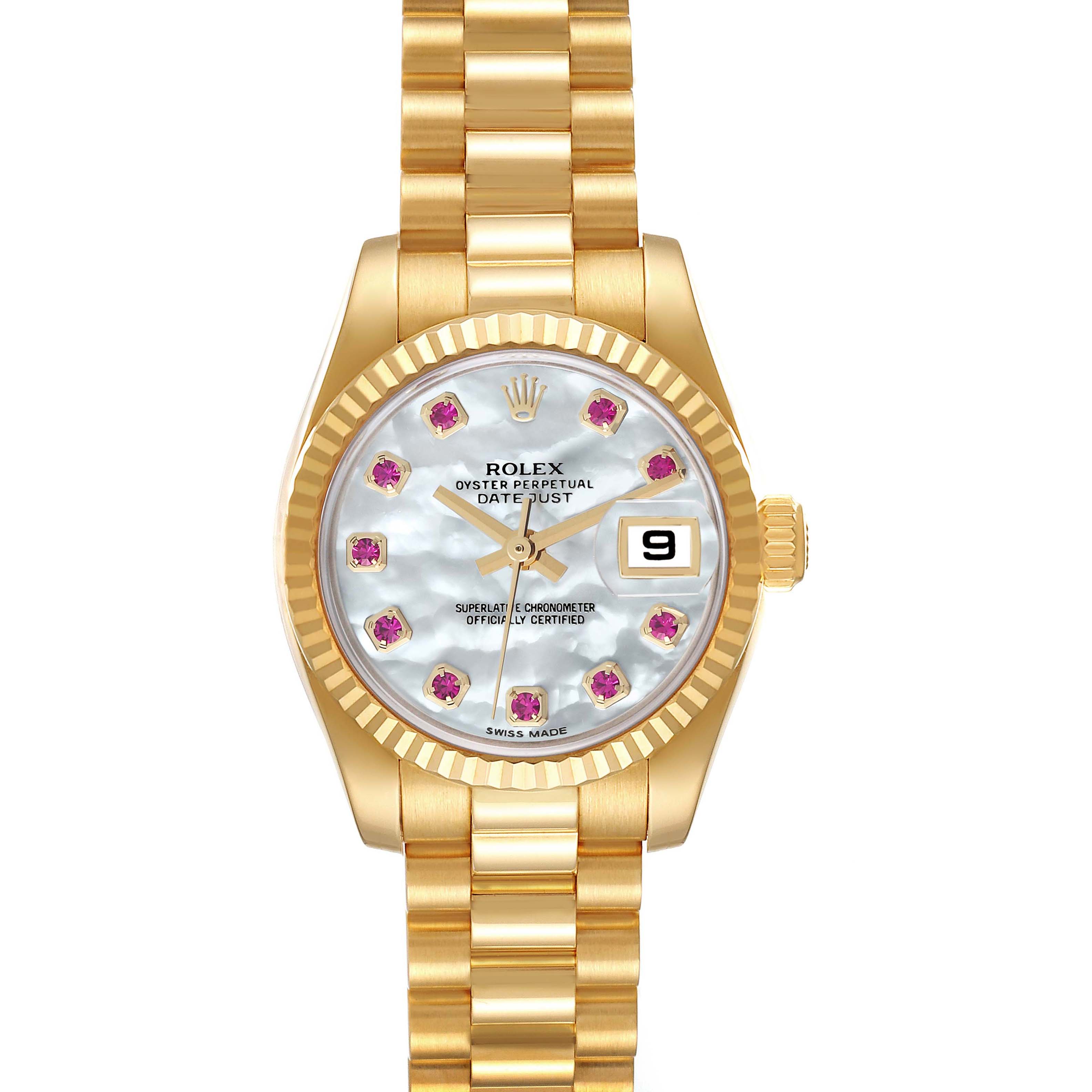 This Rolex President 179178 Women's Yellow Gold Mother of Pearl Dial 179178 Women's Yellow Gold Mother of Pearl Dial model watch is shown from a top-down angle, highlighting its gold band, bejeweled dial, and date window.