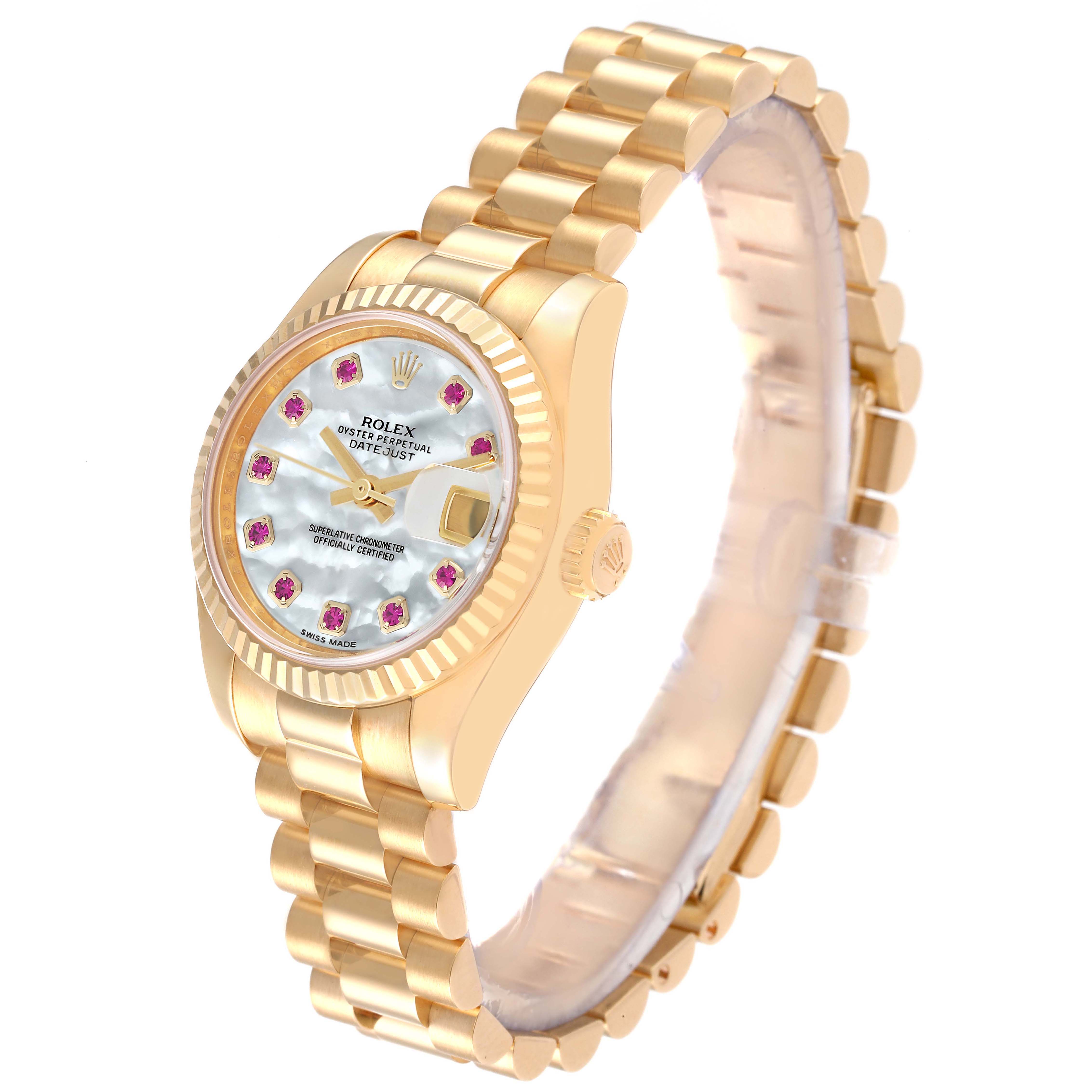 This image shows a Rolex President 179178 Women's Yellow Gold Mother of Pearl Dial 179178 Women's Yellow Gold Mother of Pearl Dial model watch at an angle, highlighting its face, bezel, crown, and bracelet.