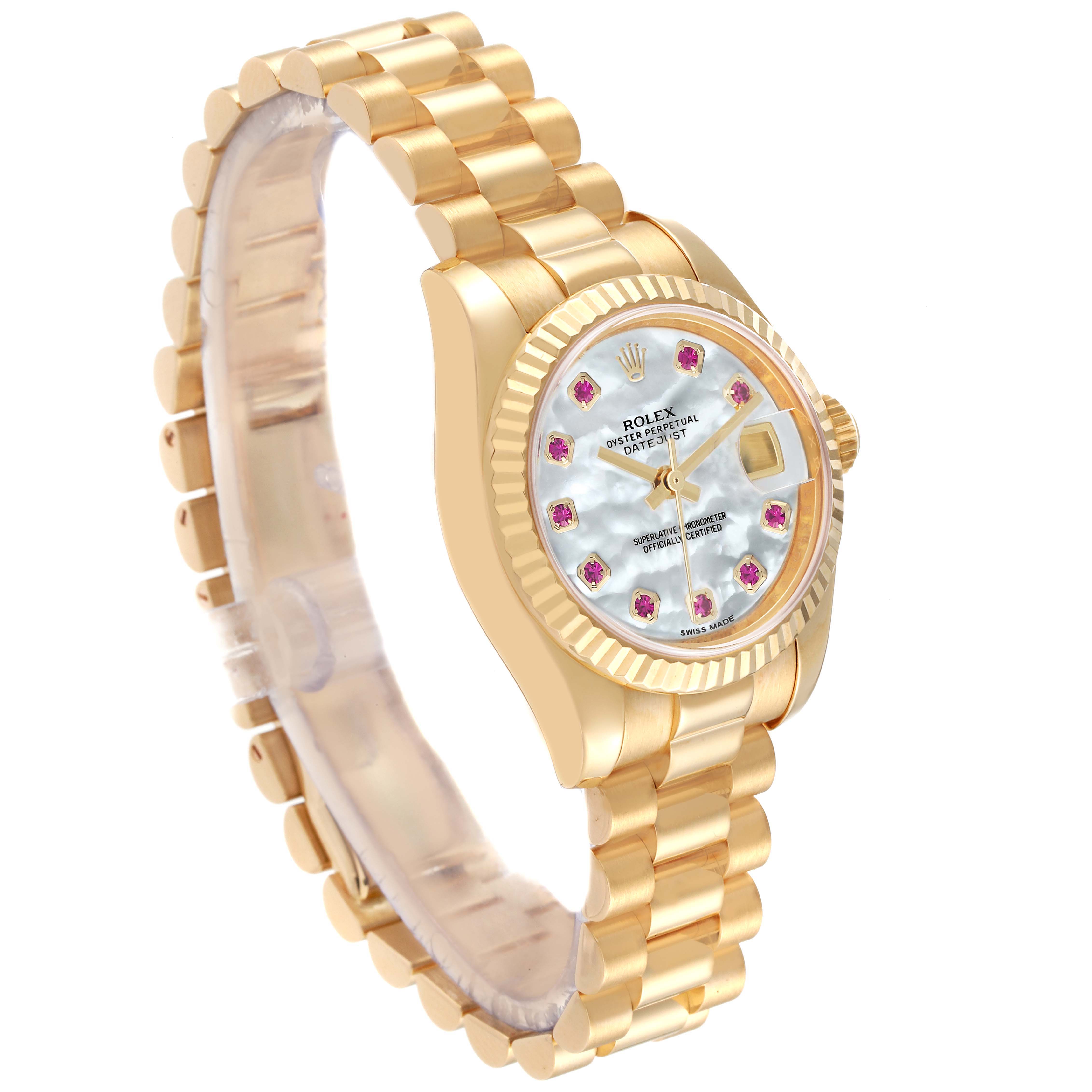 The Rolex President 179178 Women's Yellow Gold Mother of Pearl Dial 179178 Women's Yellow Gold Mother of Pearl Dial model watch is shown from a front-right angled view, highlighting the bracelet, case, bezel, crown, and dial.