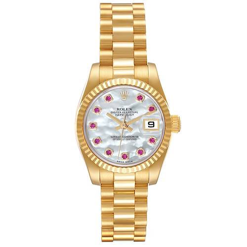 Photo of Rolex President Yellow Gold Mother Of Pearl Ruby Diamond Ladies Watch 179178