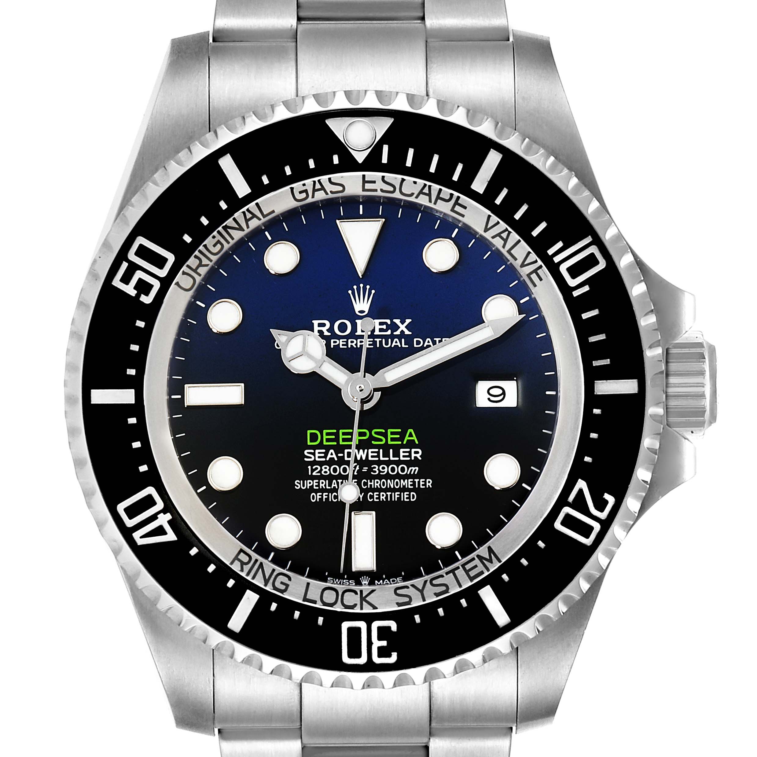 This image shows the front view of a Rolex Sea-Dweller 126660 Men's Stainless Steel Blue Dial 126660 Men's Stainless Steel Blue Dial Deepsea watch, displaying the dial, bezel, and part of the bracelet.