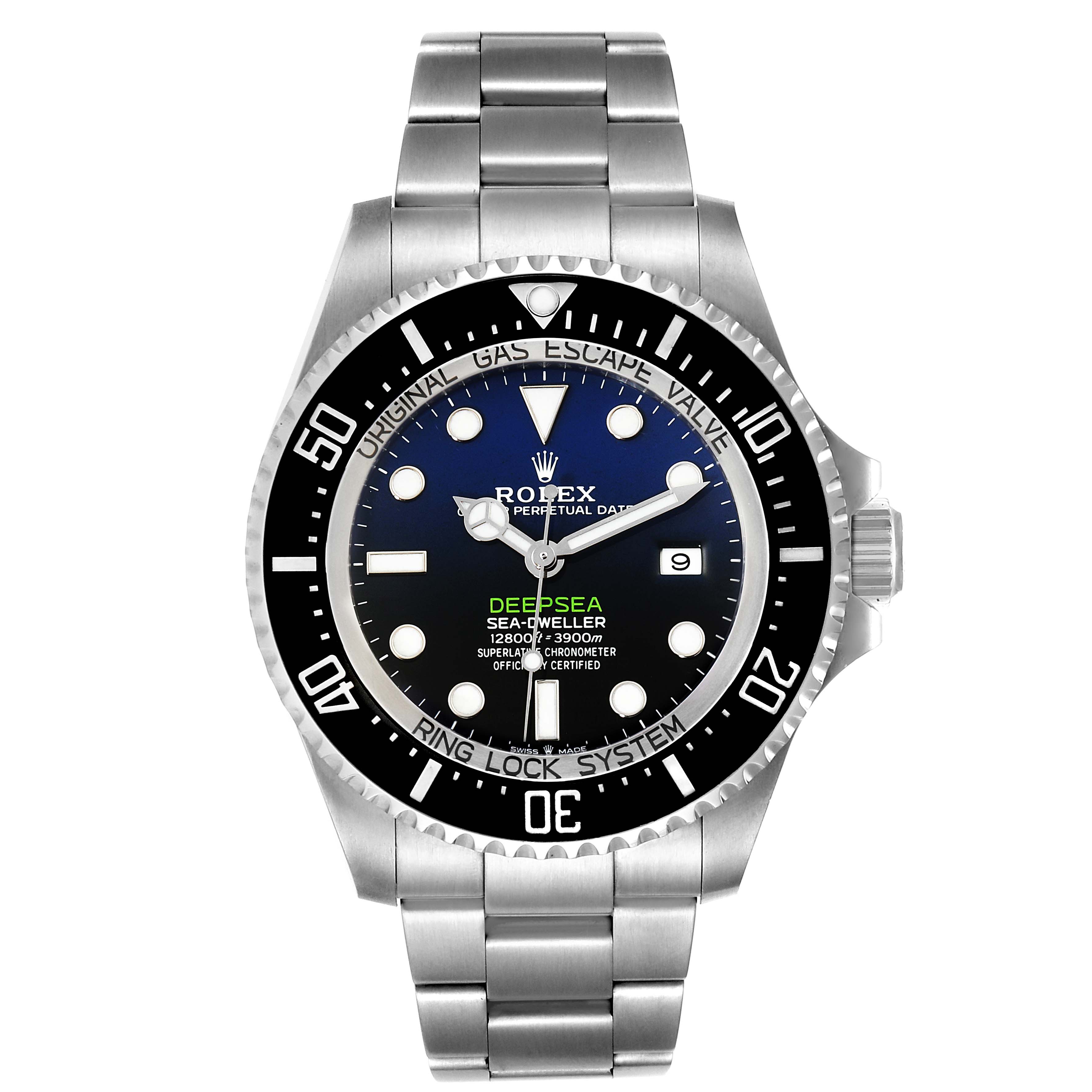 The image shows a front view of a Rolex Sea-Dweller 126660 Men's Stainless Steel Blue Dial 126660 Men's Stainless Steel Blue Dial watch, highlighting its dial, bezel, and stainless steel bracelet.