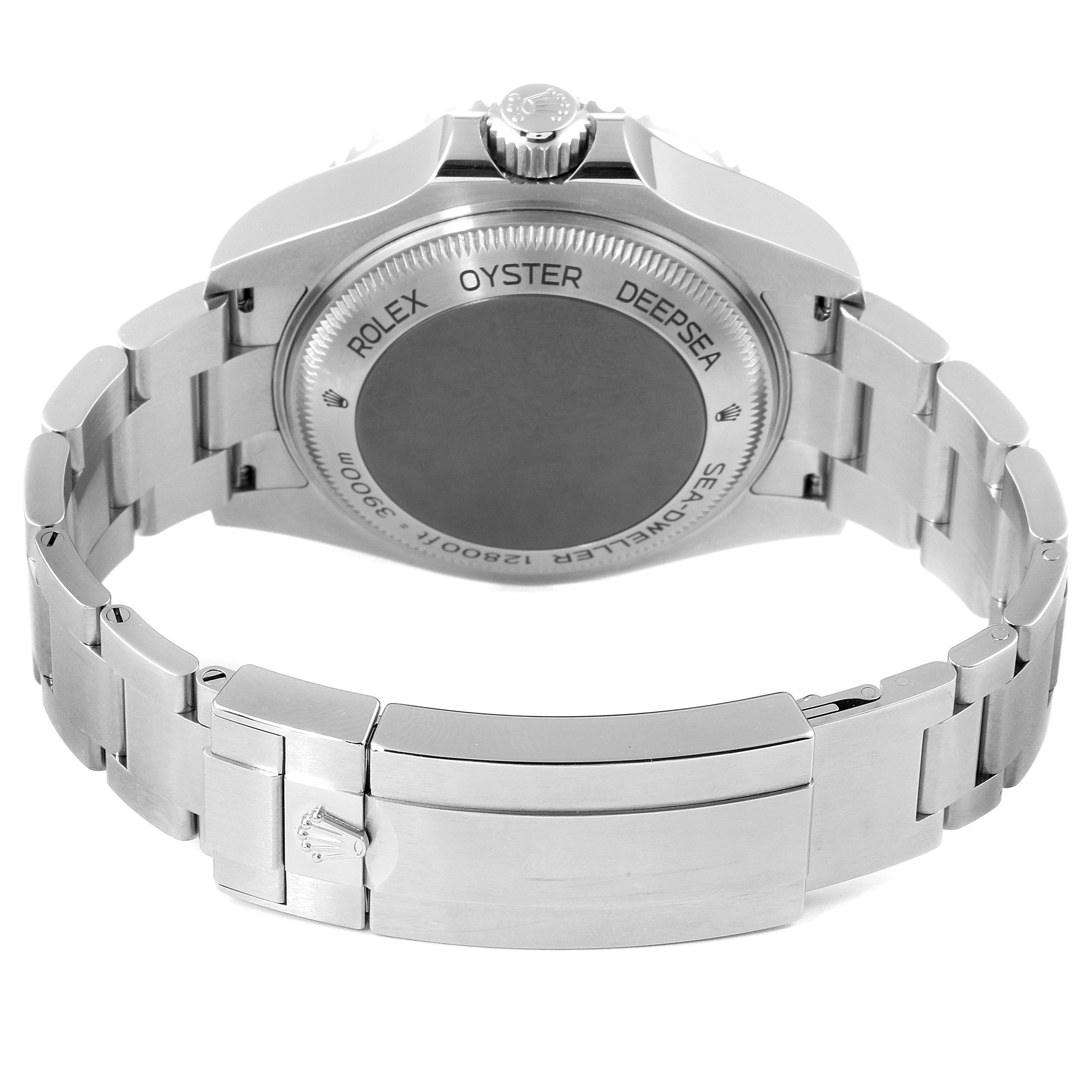 The image shows a rear view of the Rolex Sea-Dweller 126660 Men's Stainless Steel Blue Dial 126660 Men's Stainless Steel Blue Dial watch, highlighting its case back and metal bracelet.