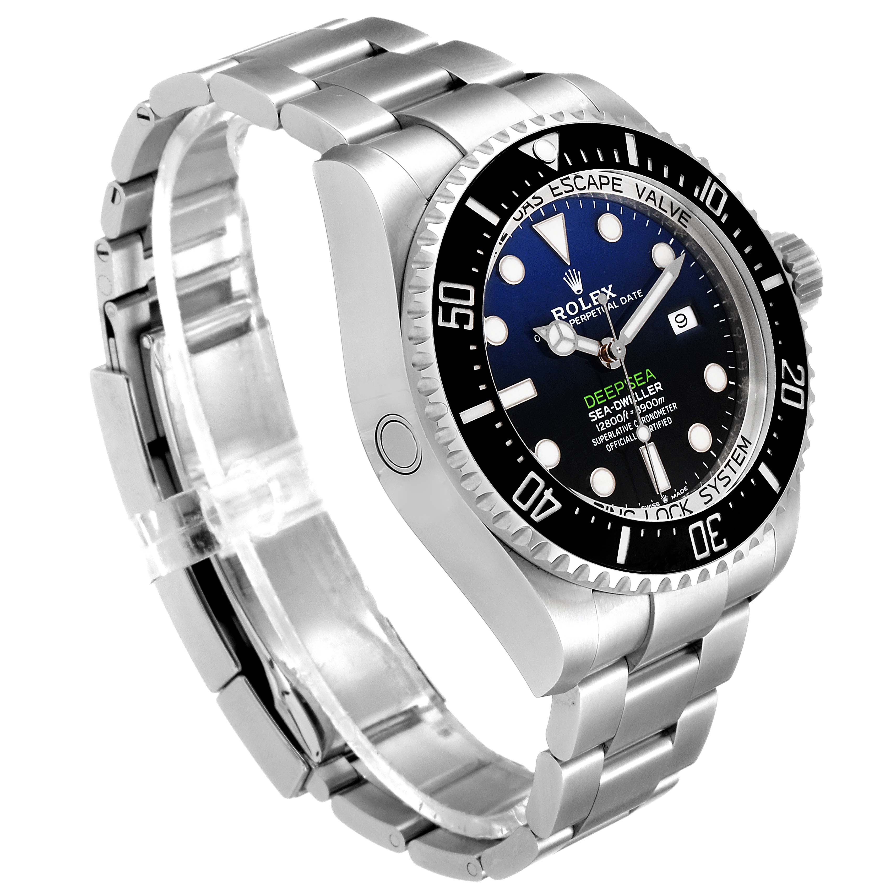 The image shows a side angle of the Rolex Sea-Dweller 126660 Men's Stainless Steel Blue Dial 126660 Men's Stainless Steel Blue Dial watch, displaying the face, bezel, and part of the bracelet.