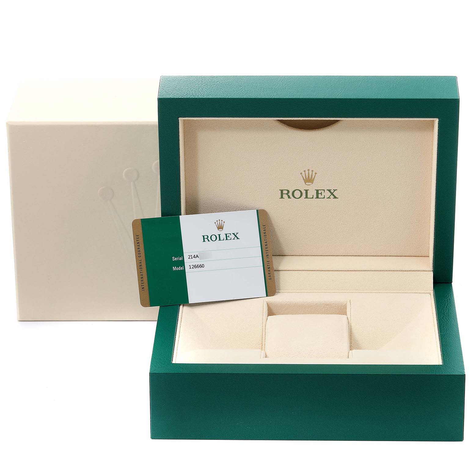 The image shows the Rolex Sea-Dweller 126660 Men's Stainless Steel Blue Dial 126660 Men's Stainless Steel Blue Dial watch box and warranty card with the model number 126660.