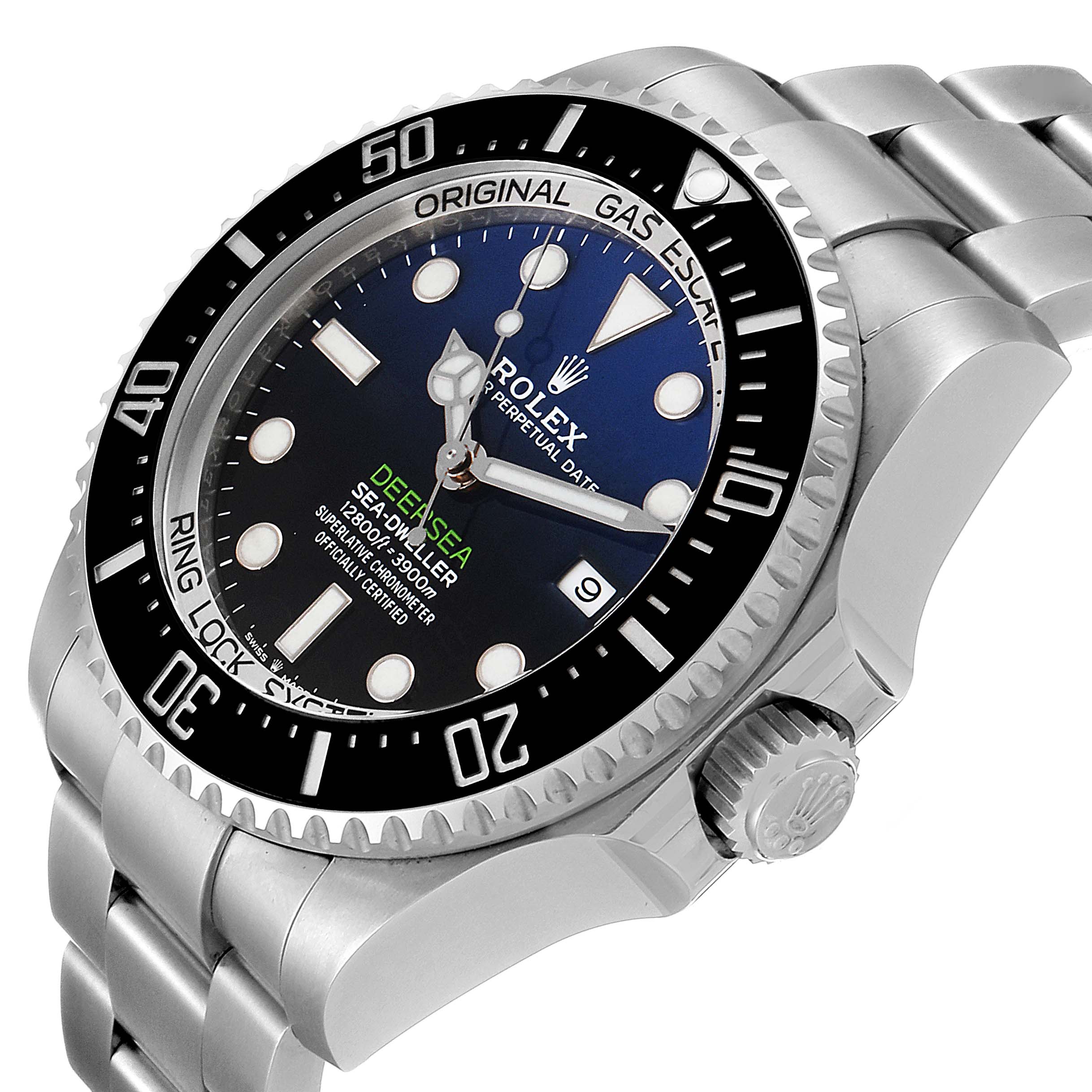 The image shows a close-up, angled view of a Rolex Sea-Dweller 126660 Men's Stainless Steel Blue Dial 126660 Men's Stainless Steel Blue Dial watch displaying the face, bezel, and part of the bracelet.