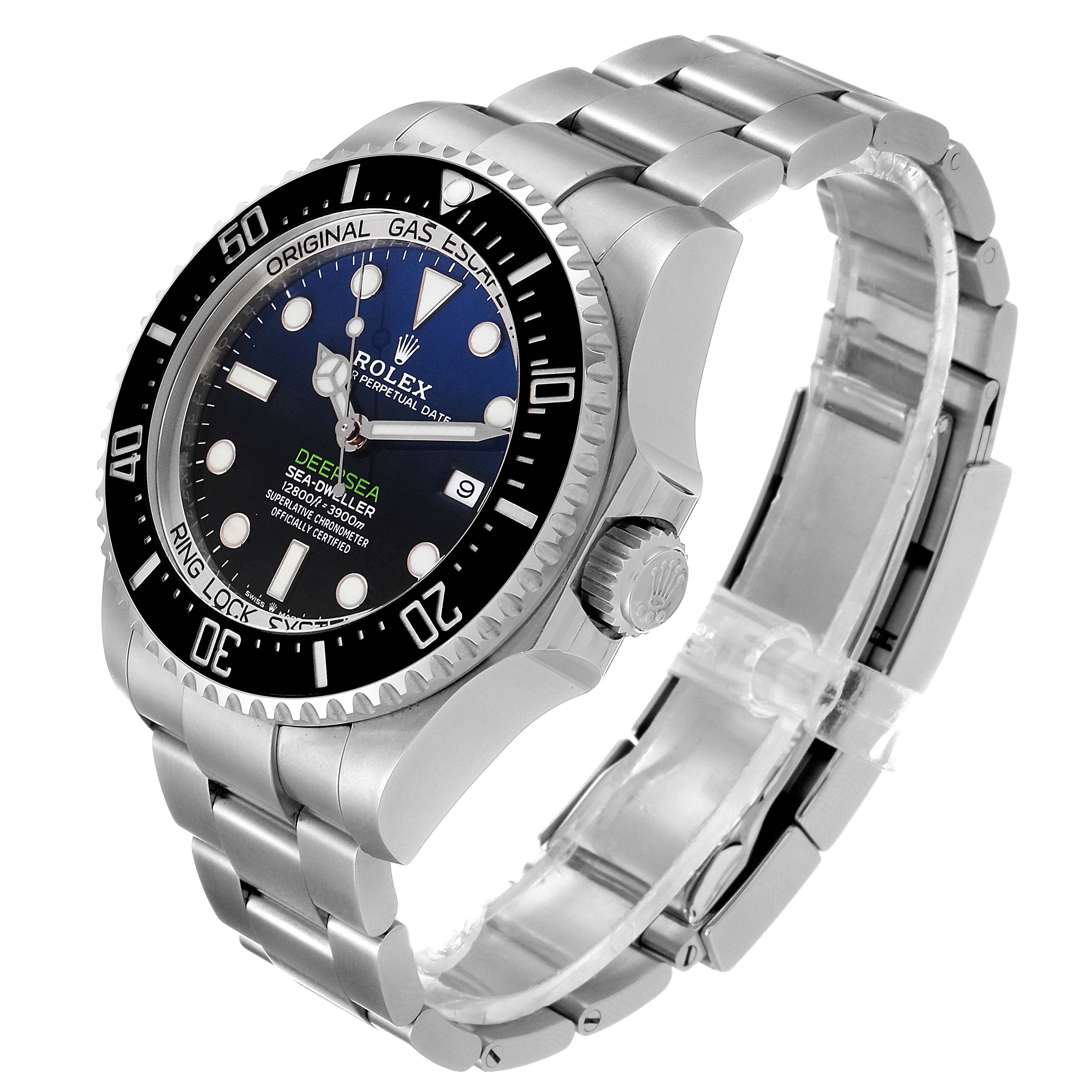 The image shows a Rolex Sea-Dweller 126660 Men's Stainless Steel Blue Dial 126660 Men's Stainless Steel Blue Dial watch at a slight angle, displaying its dial, bezel, crown, and bracelet.