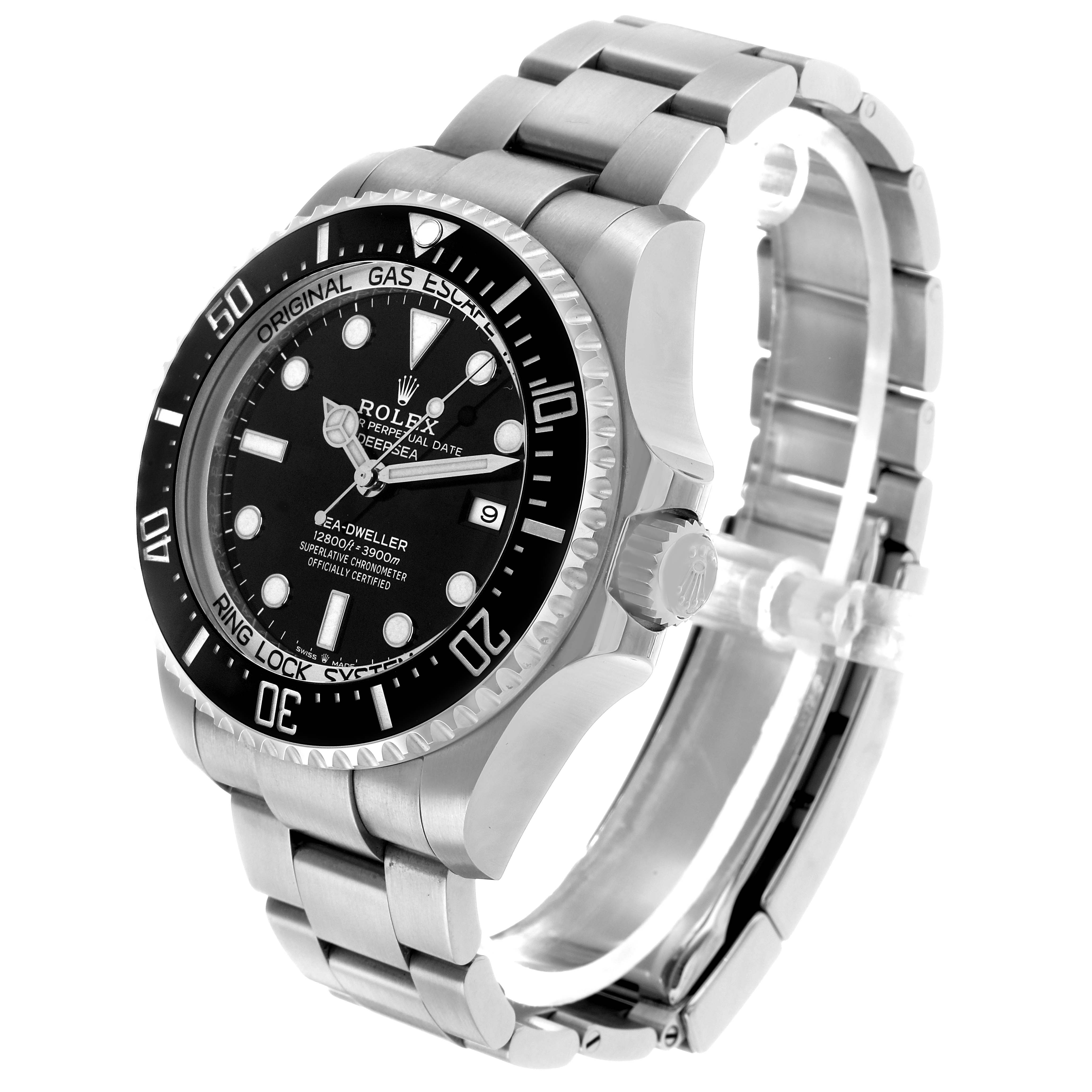 The Rolex Sea-Dweller 126660 Men's Stainless Steel Black Dial watch is shown at an angled view highlighting the face, bezel, crown, and bracelet clasp.