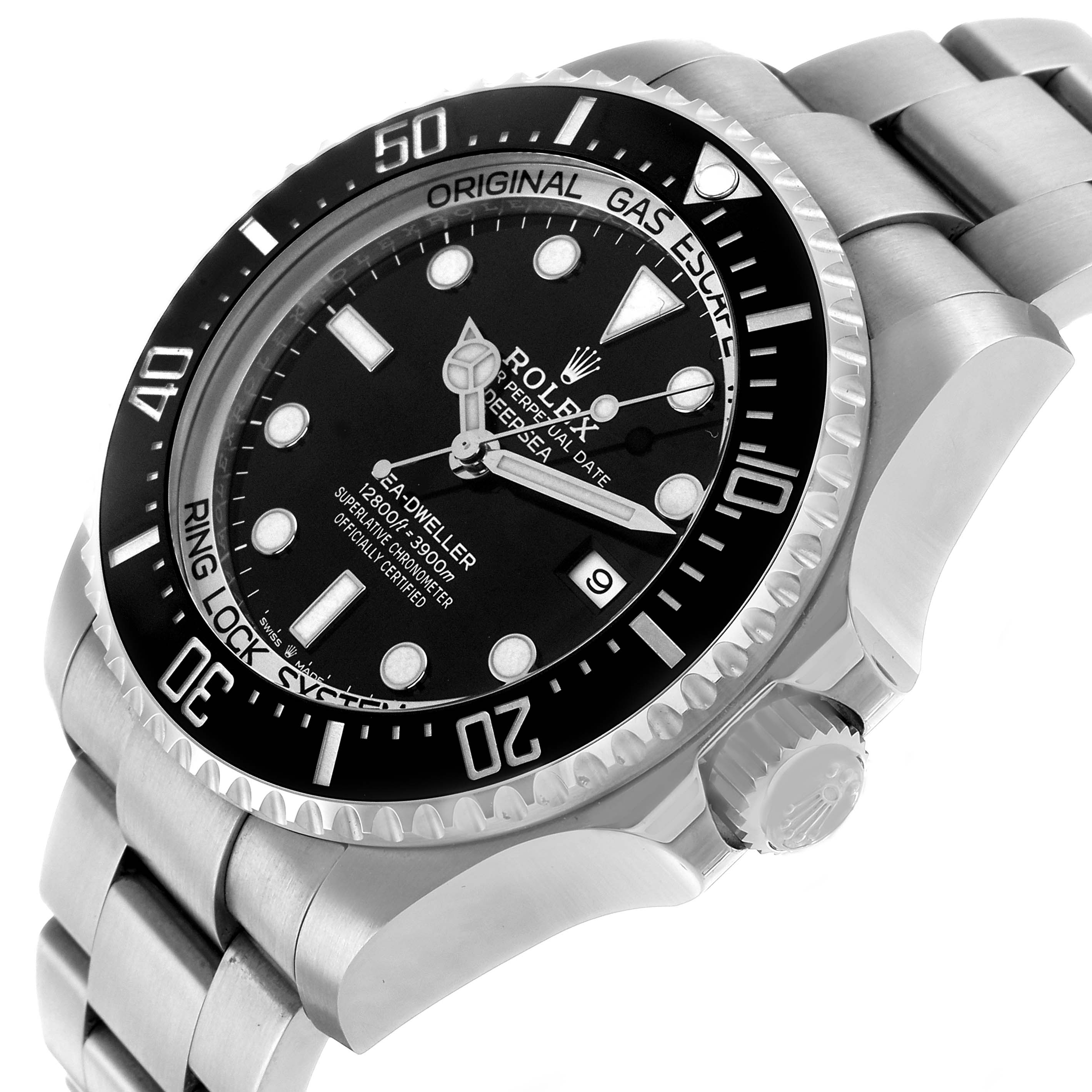 The Rolex Sea-Dweller 126660 Men's Stainless Steel Black Dial watch is shown at a side angle, highlighting the face, bezel, and part of the bracelet.