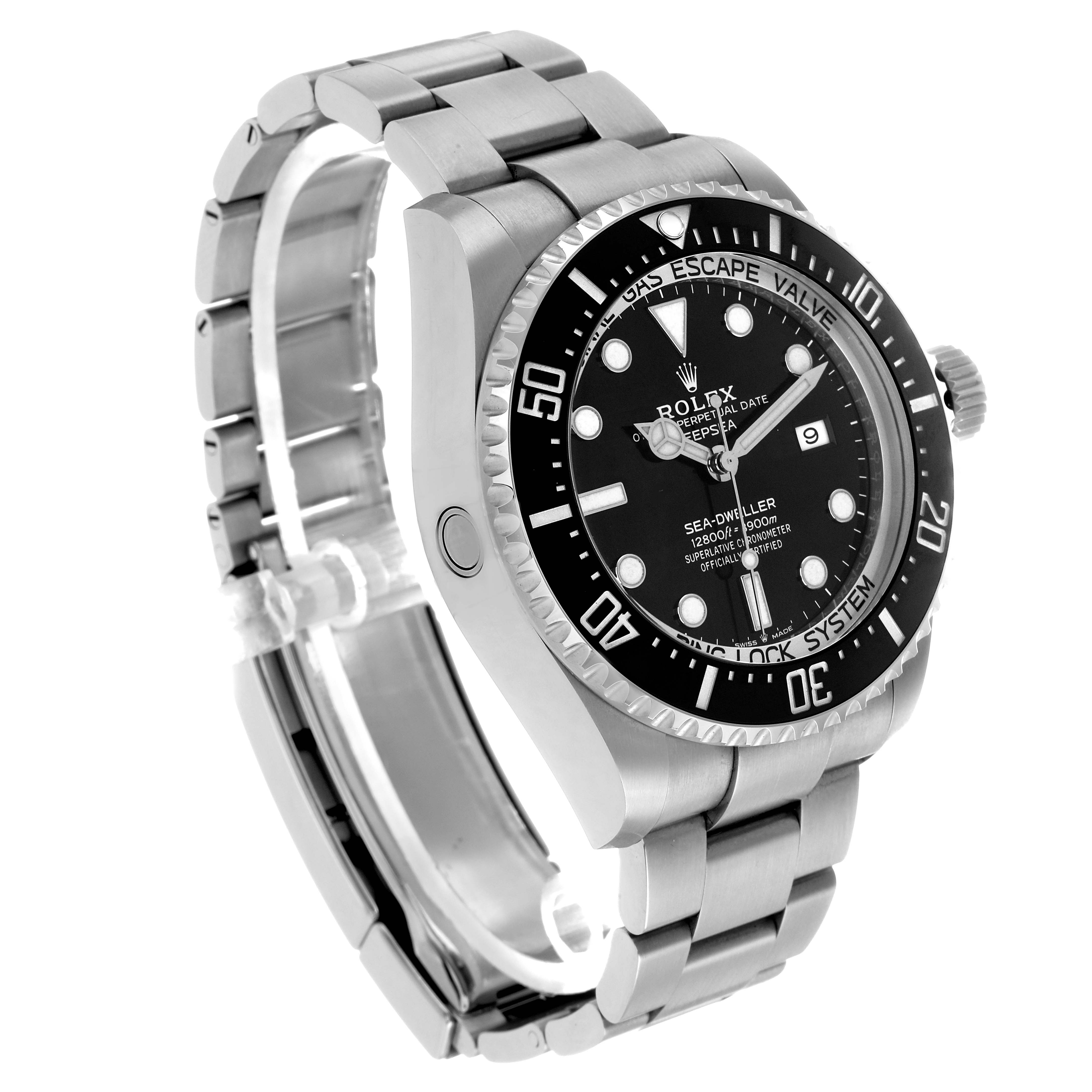 The Rolex Sea-Dweller 126660 Men's Stainless Steel Black Dial watch is shown at an angled side view, displaying its face, bezel, crown, and bracelet.
