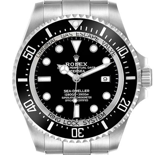 The image shows a front view of a Rolex Sea-Dweller 126660 Men's Stainless Steel Black Dial watch featuring its bezel, dial, hands, and bracelet links.