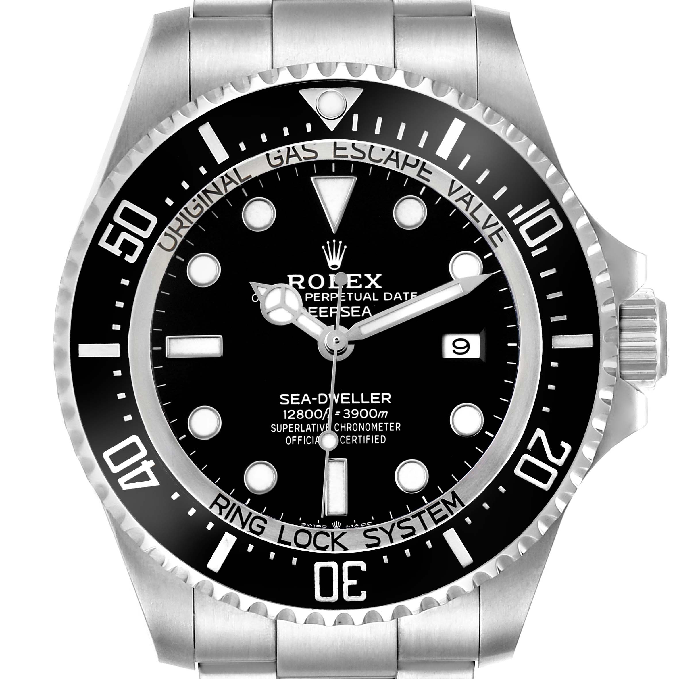 The Rolex Sea-Dweller 126660 Men's Stainless Steel Black Dial watch is shown from the front, highlighting its bezel, dial, hands, and date window.